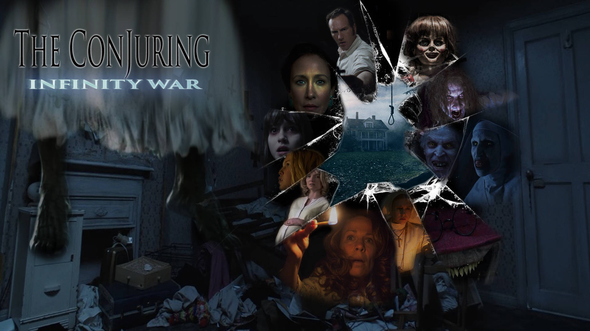 Conjuring 桌布 壁紙 — 黑暗房間中的破碎鏡子反射出《厲陰宅》系列中驚恐的面孔和恐怖圖標。
