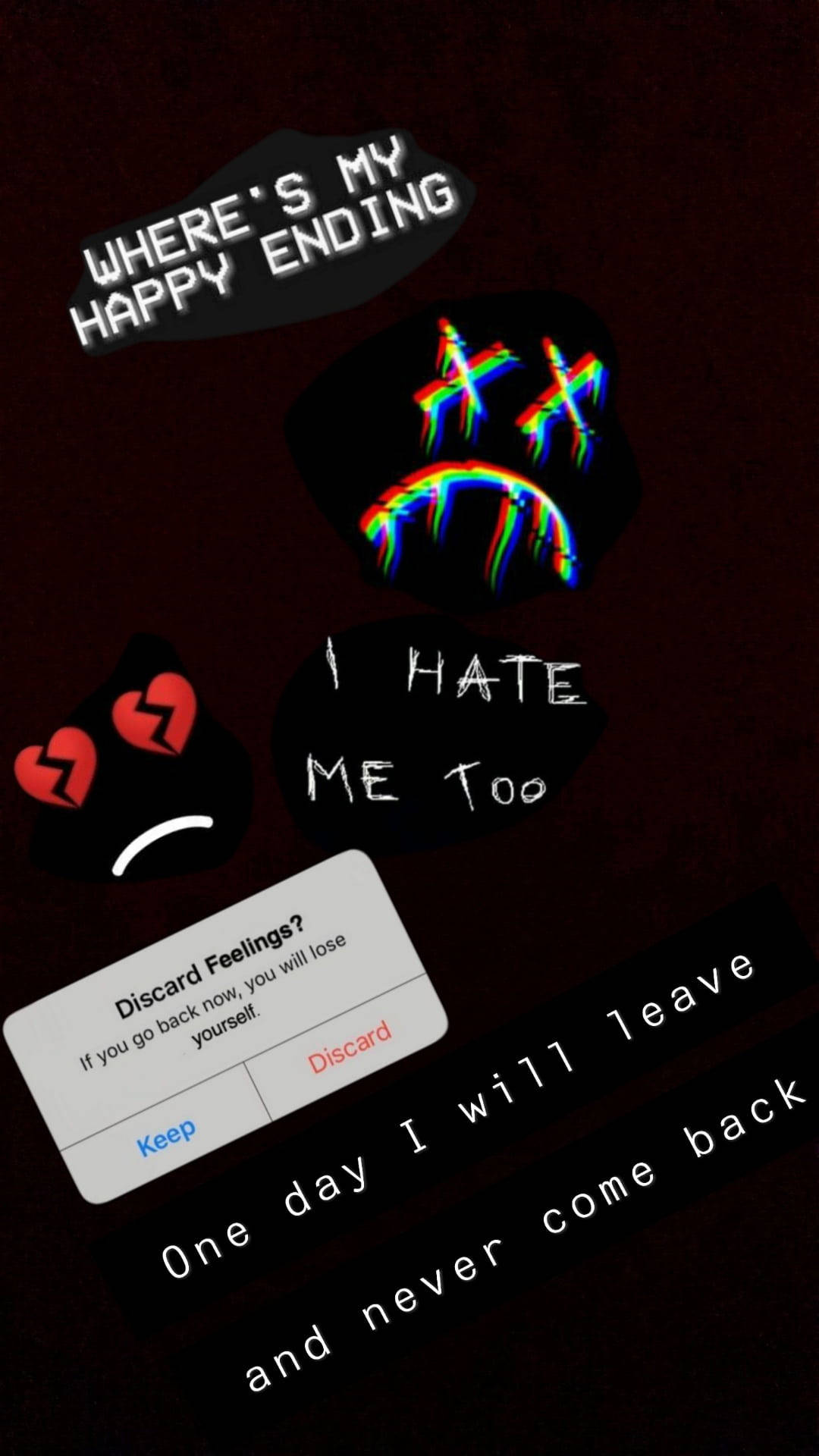 Depression Aesthetic 桌布 壁紙 — 黑暗數位藝術，帶有故障彩虹眼淚、破碎的心，以及表達自我憎恨和存在絕望的文字疊加。