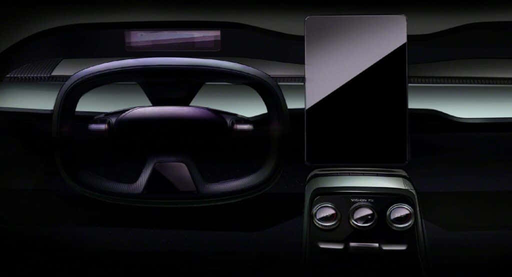 Minimalist Car 桌布 壁紙 — 黑暗未來主義汽車內部，配有發光儀表板和環境照明下的極簡控制裝置。