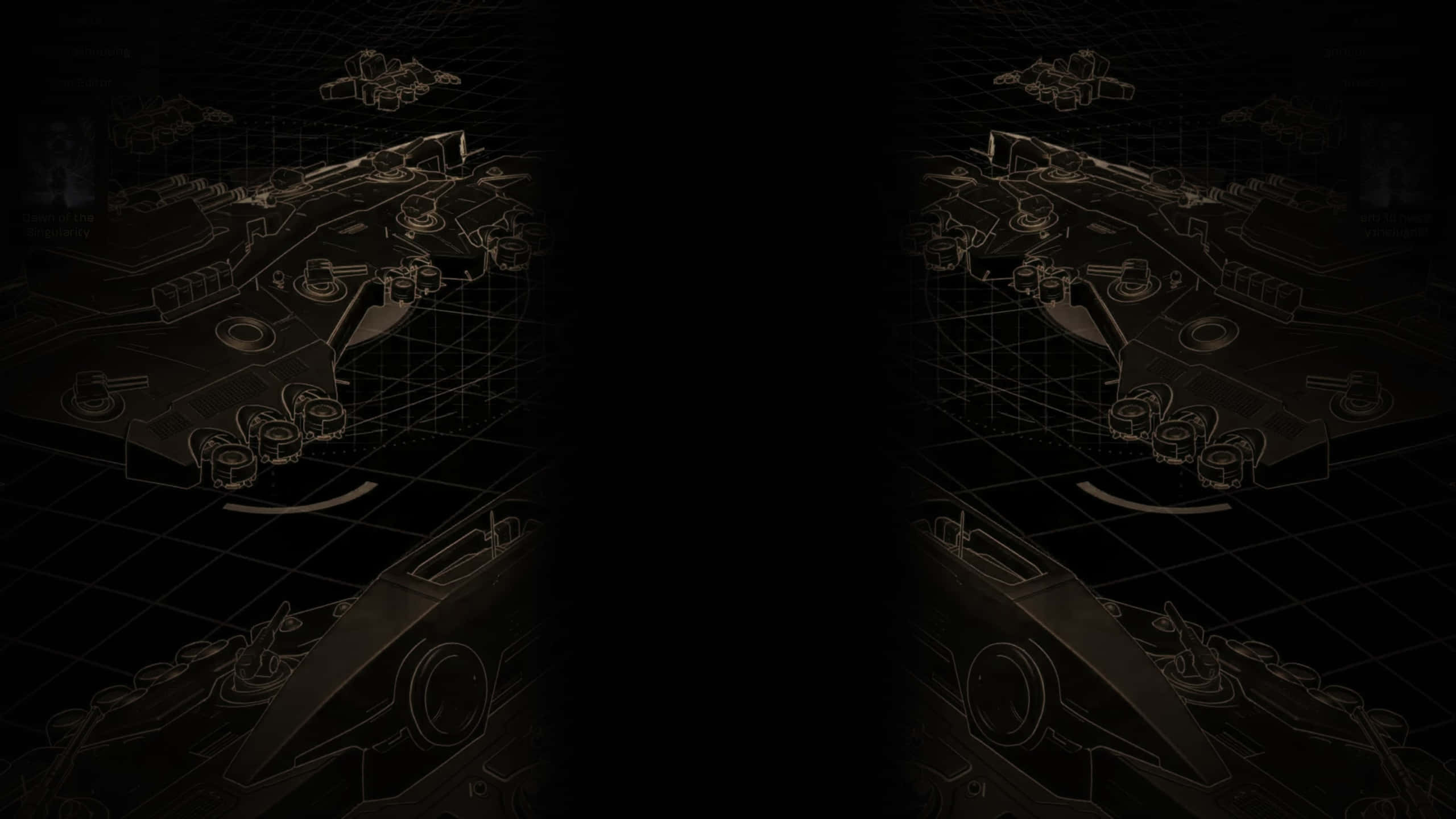 1440p Ashes Of The Singularity Escalation 桌布 壁紙 — 黑暗未來太空船藍圖，以發光線框渲染在黑色網格背景上。