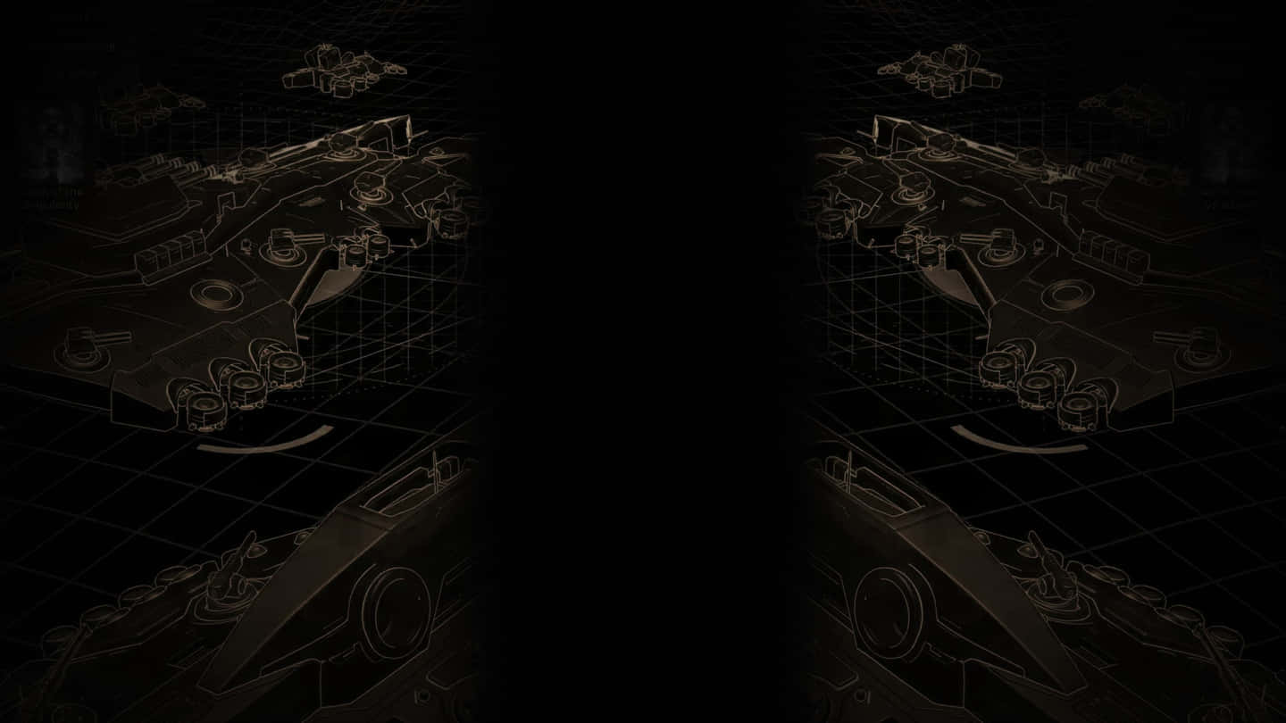 1440p Ashes Of The Singularity 桌布 壁紙 — 黑暗未來太空船藍圖在3D渲染的數位空間中，在網格背景上微弱發光。