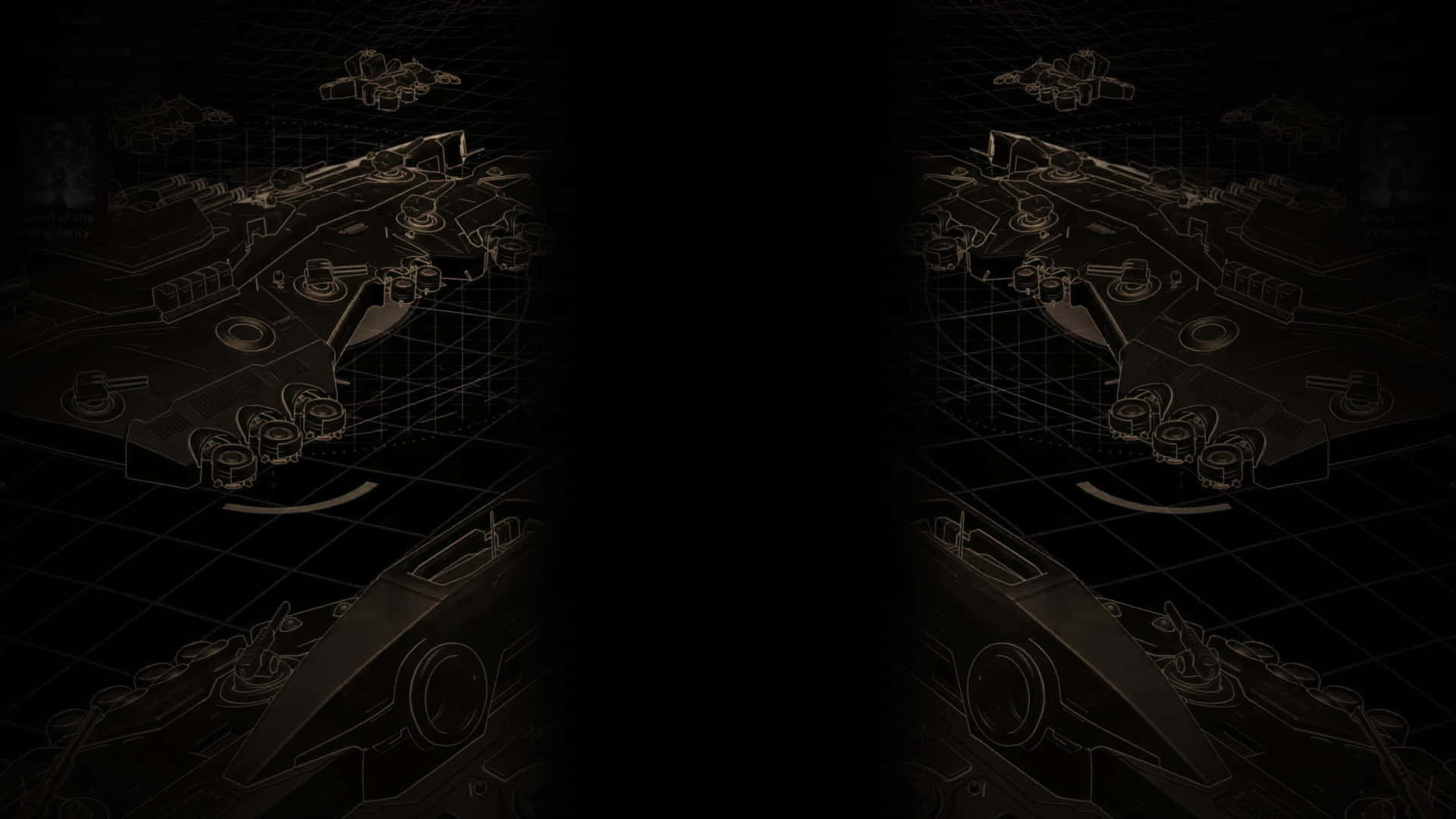 HD Ashes Of The Singularity Escalation 桌布 壁紙 — 黑暗未來太空船藍圖在黑色網格背景上微弱發光。