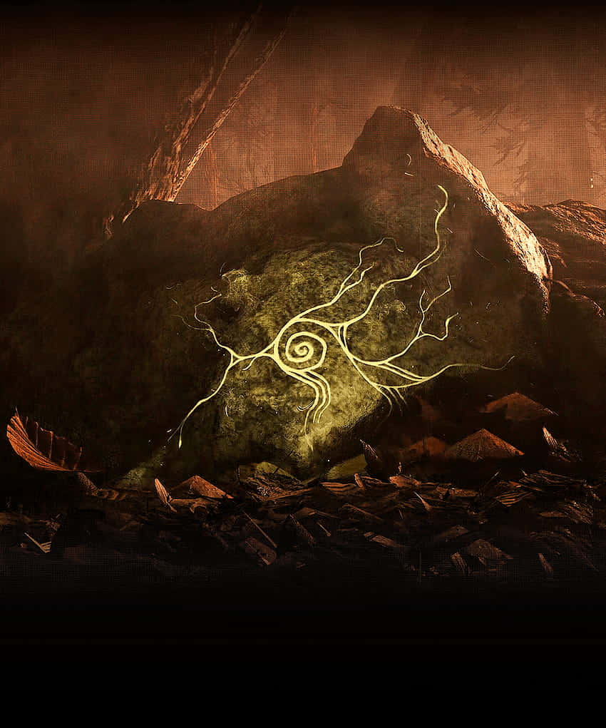 Android Greedfall 桌布 壁紙 — 黑暗森林中，一塊長滿苔蘚的岩石上刻有一個發光的螺旋，周圍有落葉和扭曲的樹木。