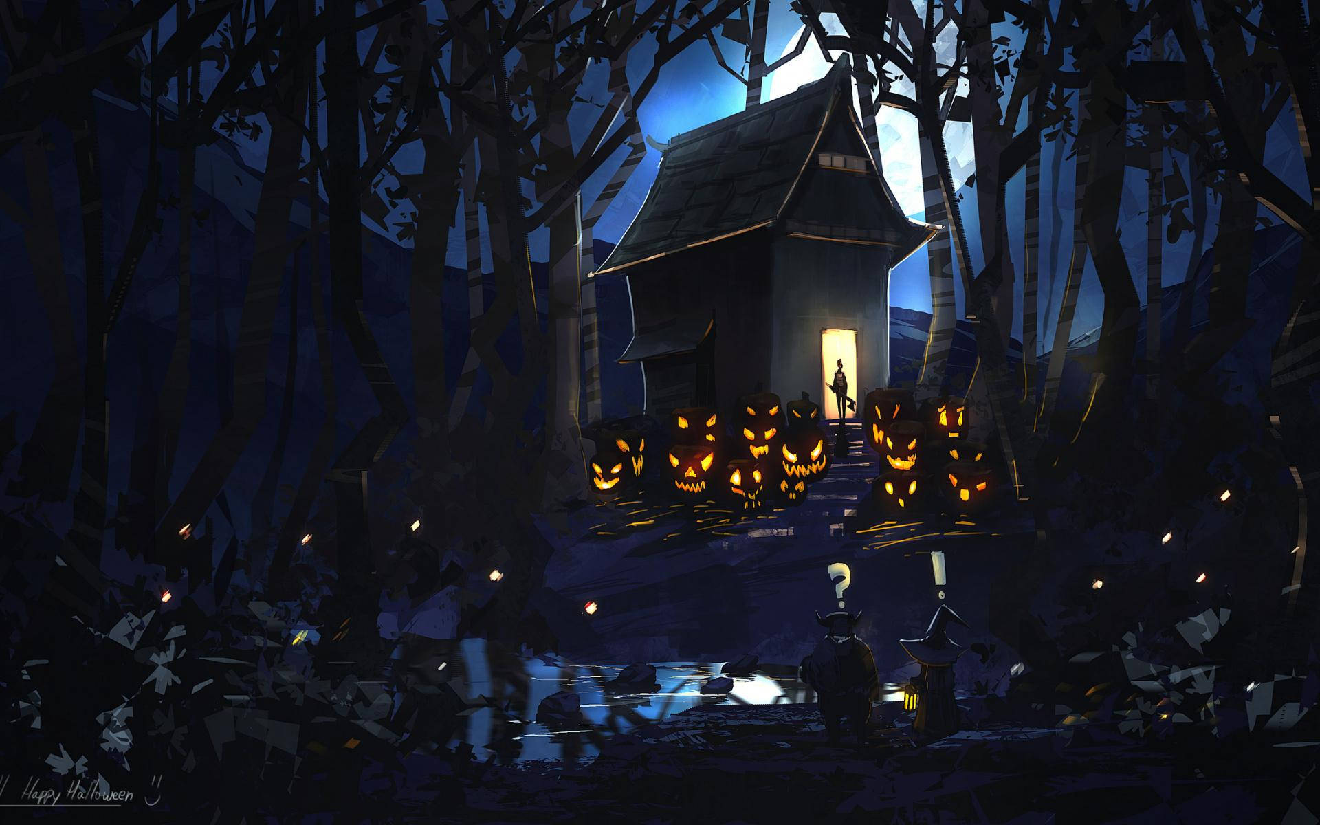 Haunted House Halloween 桌布 壁紙 — 黑暗森林中一間詭異的萬聖節小屋，被發光的傑克南瓜燈和月光照耀的天空照亮。