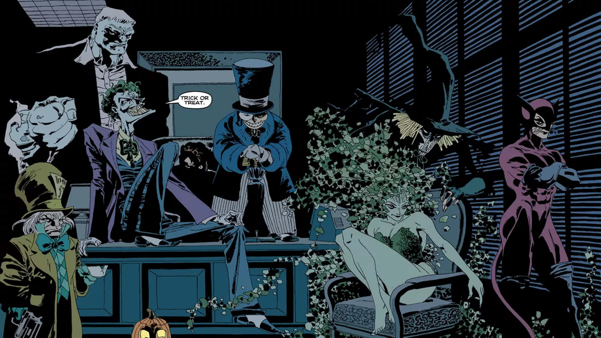 Batman The Long Halloween 桌布 壁紙 — 黑暗漫畫面板顯示小丑、企鵝人、貓女和其他反派在一個帶有藤蔓和南瓜的詭異萬聖節主題房間中。