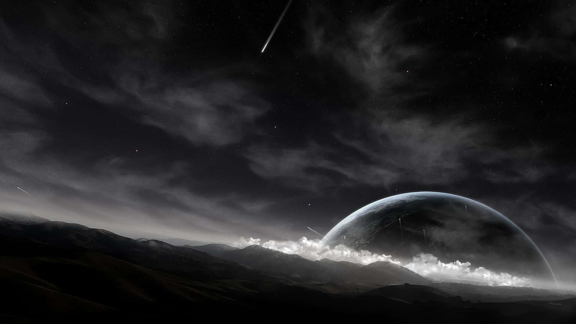 Dark Landscape 桌布 壁紙 — 黑暗的山地景觀仰望巨大發光的行星和劃過的流星，背景是星空。