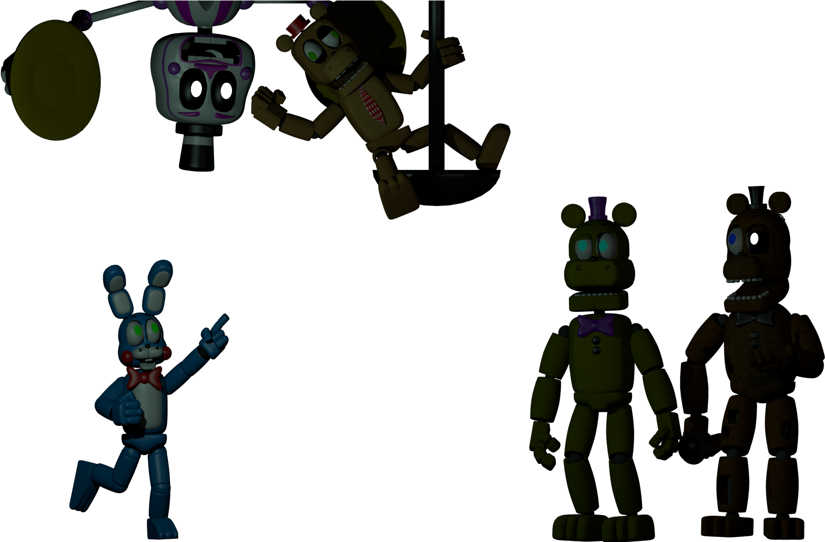 惡夢佛萊迪 桌布 壁紙 — 黑暗的房間，Five Nights at Freddy's 中發光眼睛的電子動畫角色站立和懸掛在詭異的寂靜中。