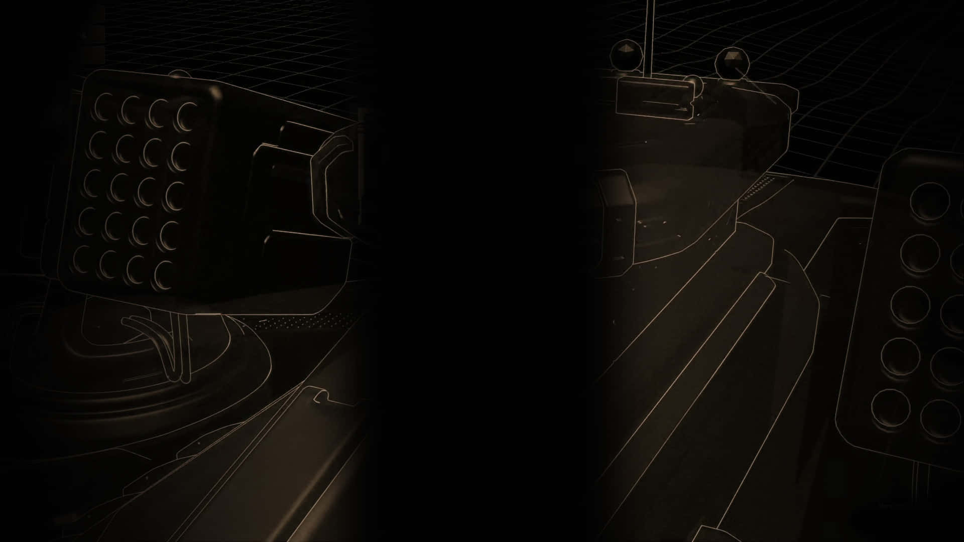 HD Ashes Of The Singularity Escalation 桌布 壁紙 — 黑暗的未來主義駕駛艙，帶有發光線框輪廓的控制面板和圓形按鈕，背景為黑色網格。