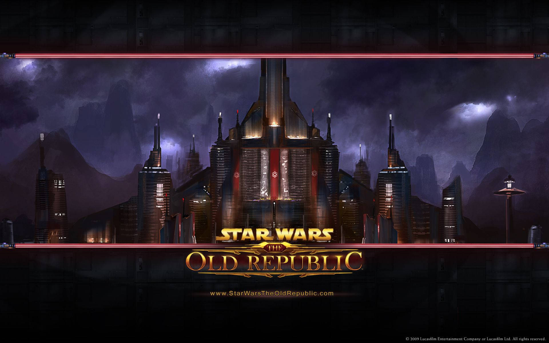 Swtor 桌布 壁紙 — 黑暗的未來城市景觀，高聳的尖塔和發光的燈光，在暴風雨般的紫色天空下。