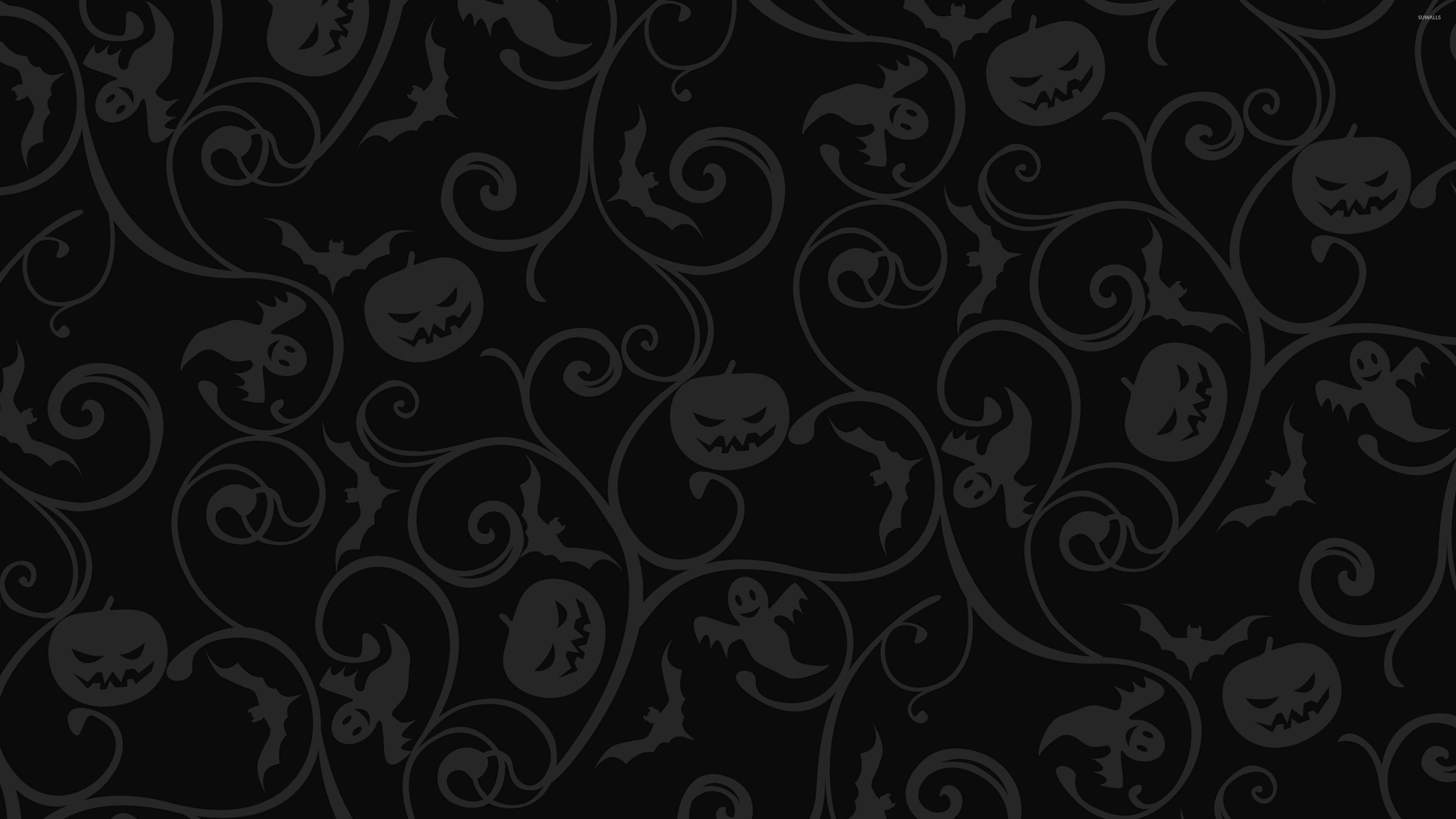Dark Halloween 桌布 壁紙 — 黑暗的萬聖節桌布，帶有旋轉的藤蔓和詭異的傑克南瓜燈、蝙蝠和鬼魂，單色調。