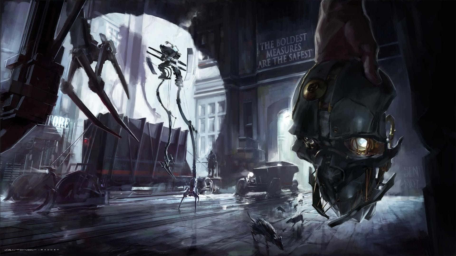 Game Art 桌布 壁紙 — 黑暗的賽博龐克街景，前景有一個發光眼睛的機械頭骨，骷髏無人機在潮濕的人行道上空盤旋。