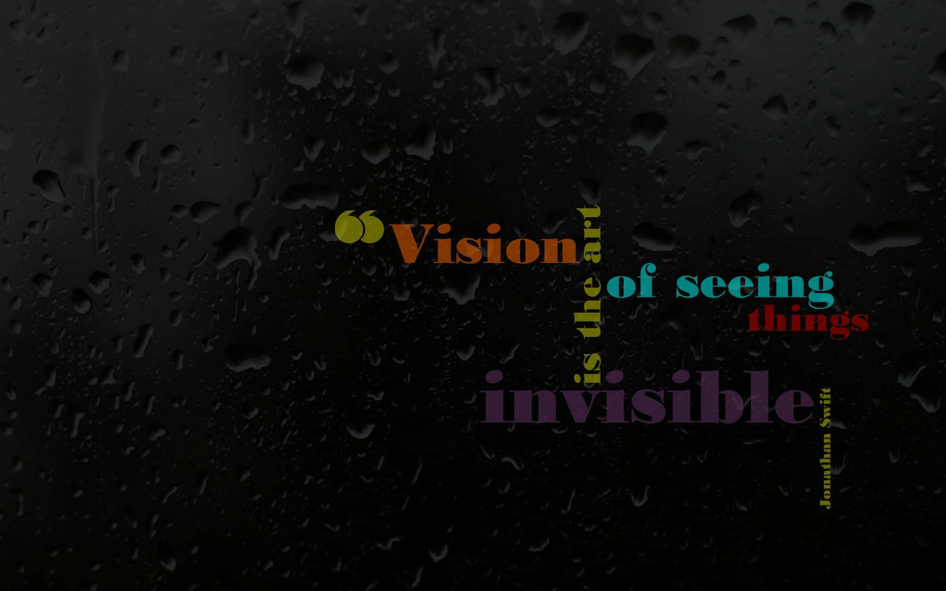 Motivation 桌布 壁紙 — 黑暗的雨窗，彩色文字引用 視覺是看見事物的藝術 喬納森·斯威夫特