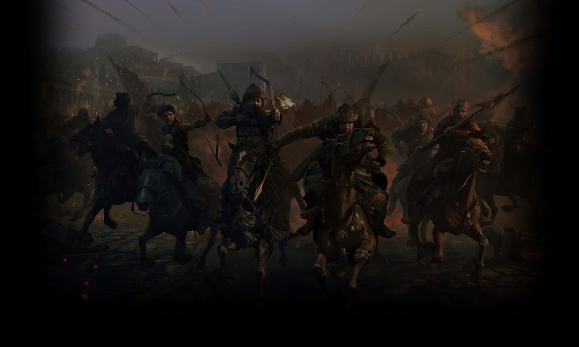 Total War Attila 桌布 壁紙 — 黑暗的電影式戰鬥場景，身穿盔甲的騎士騎著馬在煙霧瀰漫的戰場上衝鋒，天空陰沉。