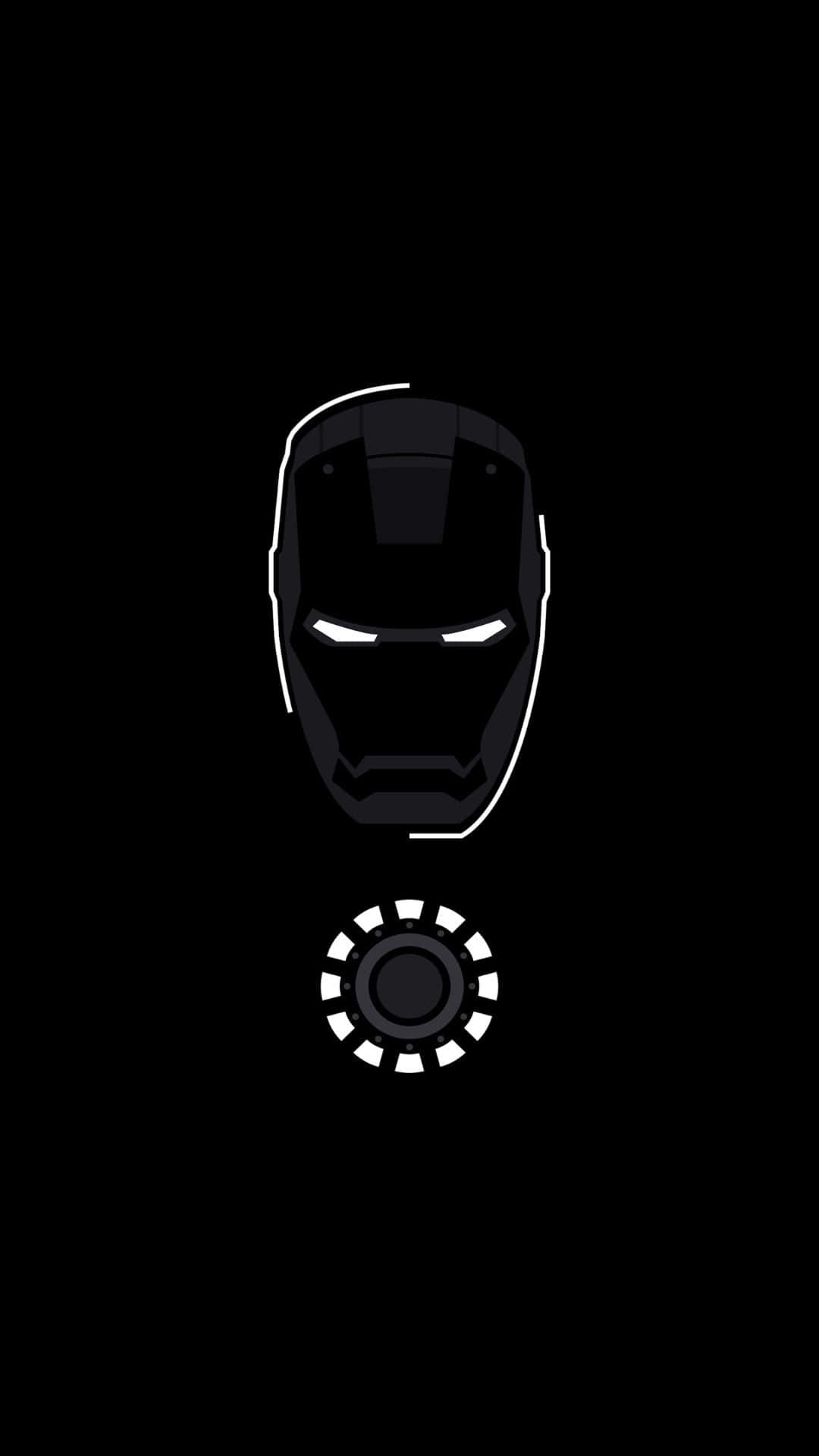 Android Iron Man 桌布 壁紙 — 黑暗背景上，鋼鐵人頭盔的極簡黑白剪影，帶有發光眼睛和弧形反應器。