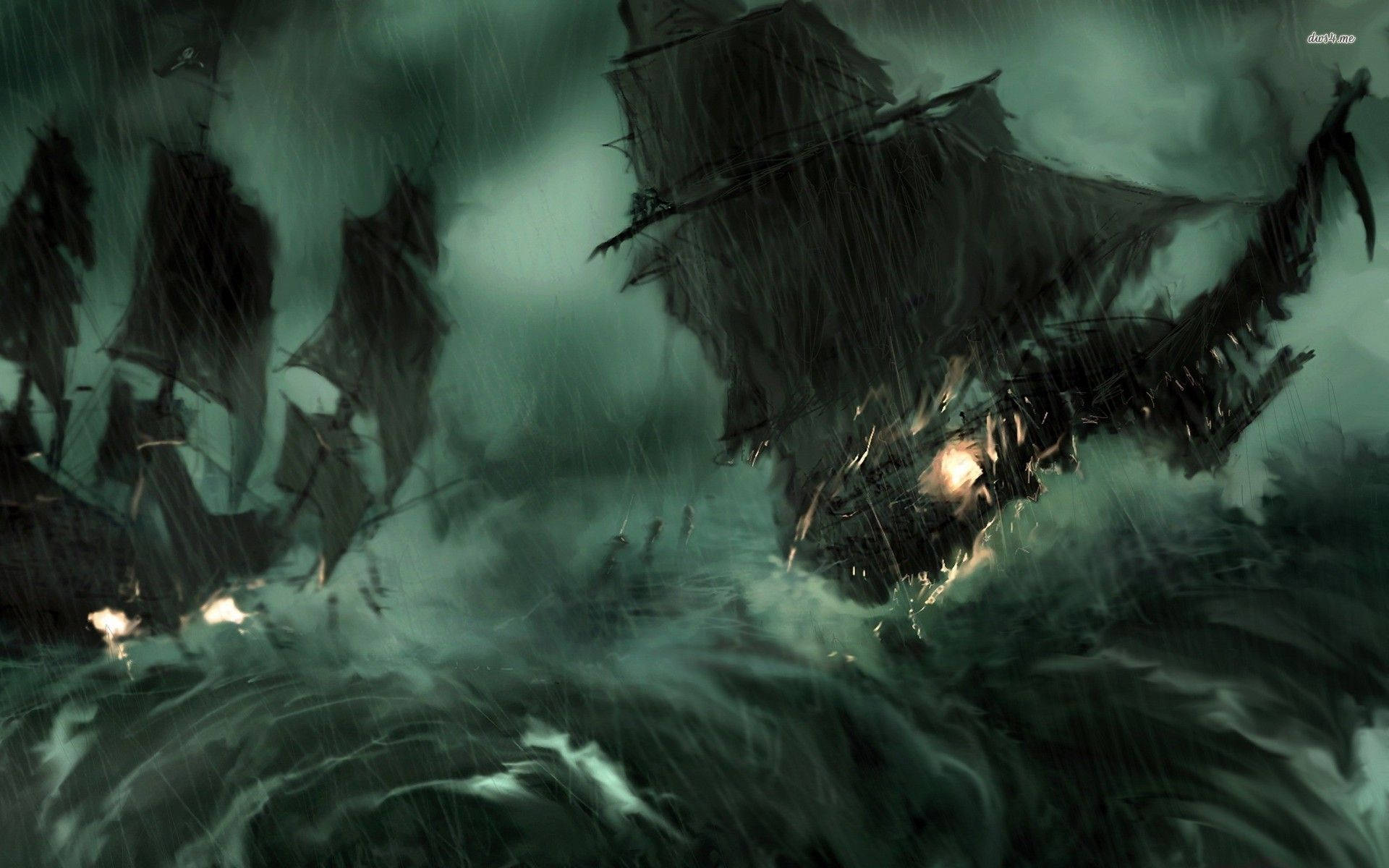 Ghost Ship 桌布 壁紙 — 黑暗船隻在風暴海洋中與巨浪搏鬥，天空呈綠色，閃電劃過。