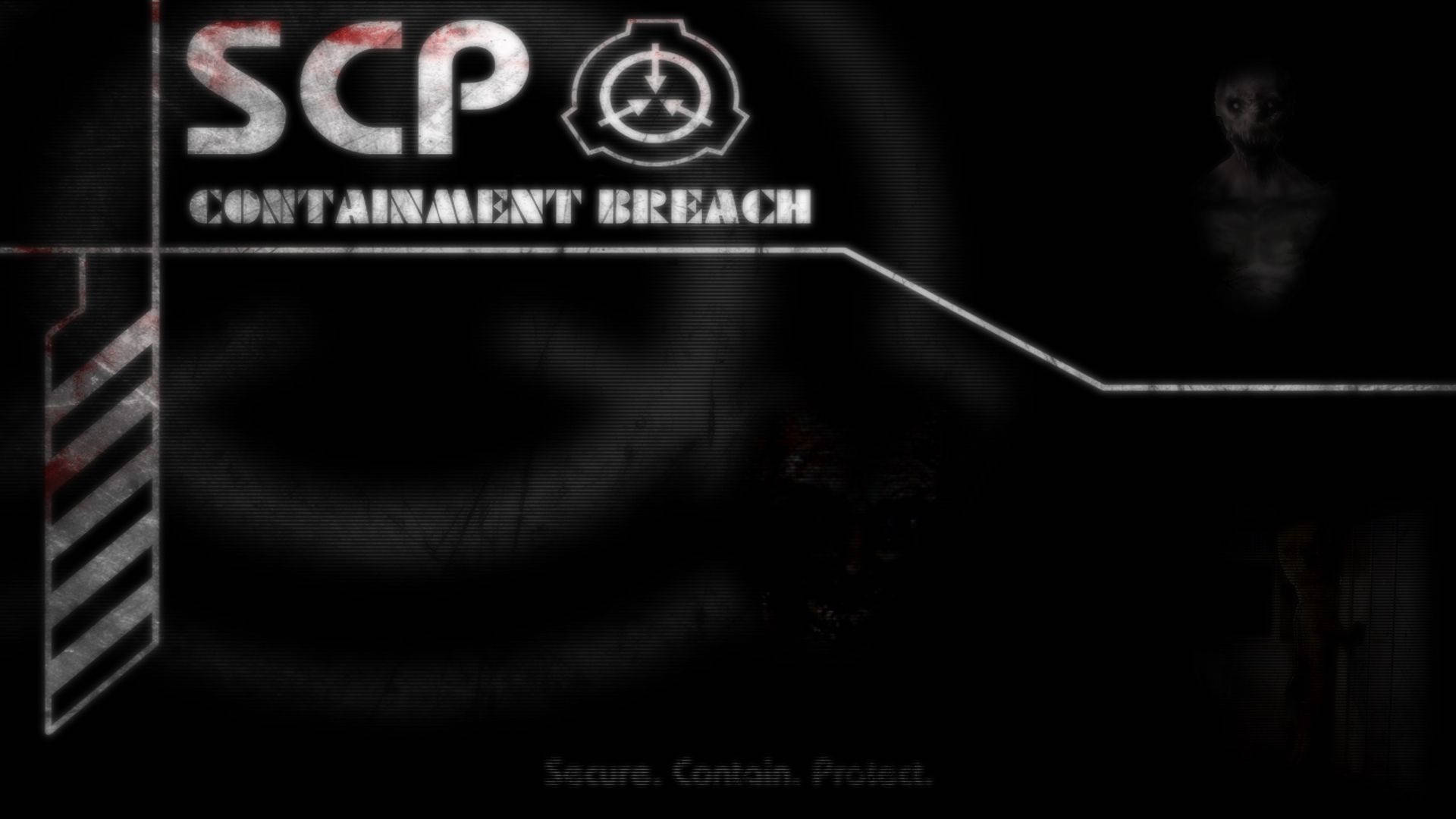 SCP 桌布 壁紙 — 黑暗螢幕，帶有SCP標誌和收容失效文字，角落顯示一個陰影人形物體。