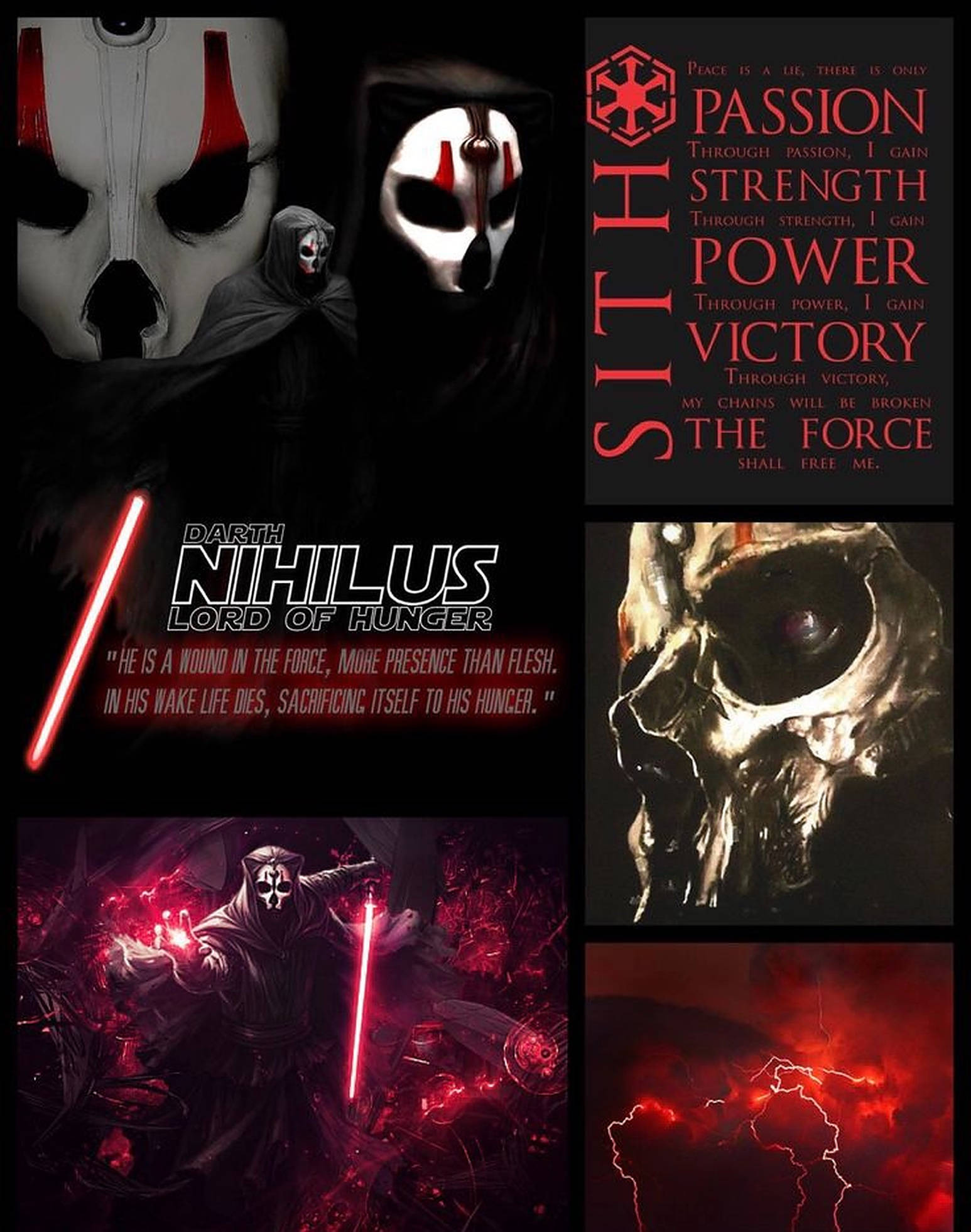 Darth Nihilus 桌布 壁紙 — 黑暗西斯尊主達斯·尼希勒斯，紅色光劍與骷髏圖像，構成威脅性的拼貼畫。