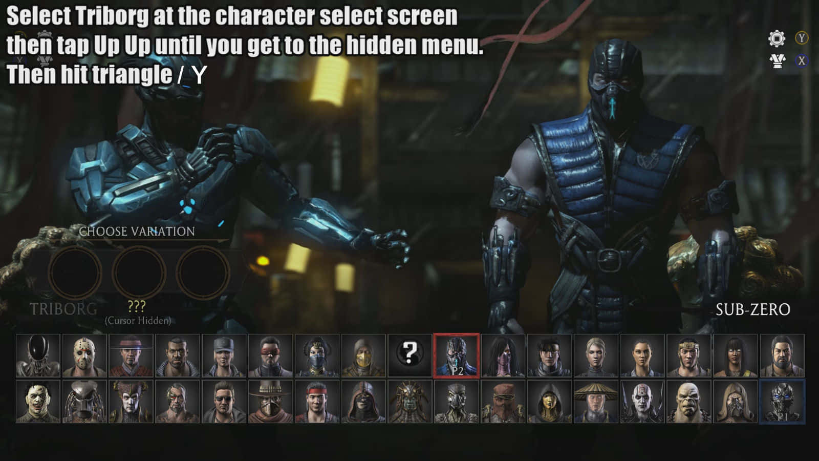 Mortal Kombat Triborg 桌布 壁紙 — 黑暗遊戲介面顯示 Triborg 和 Sub-Zero，帶有隱藏角色選擇選單。