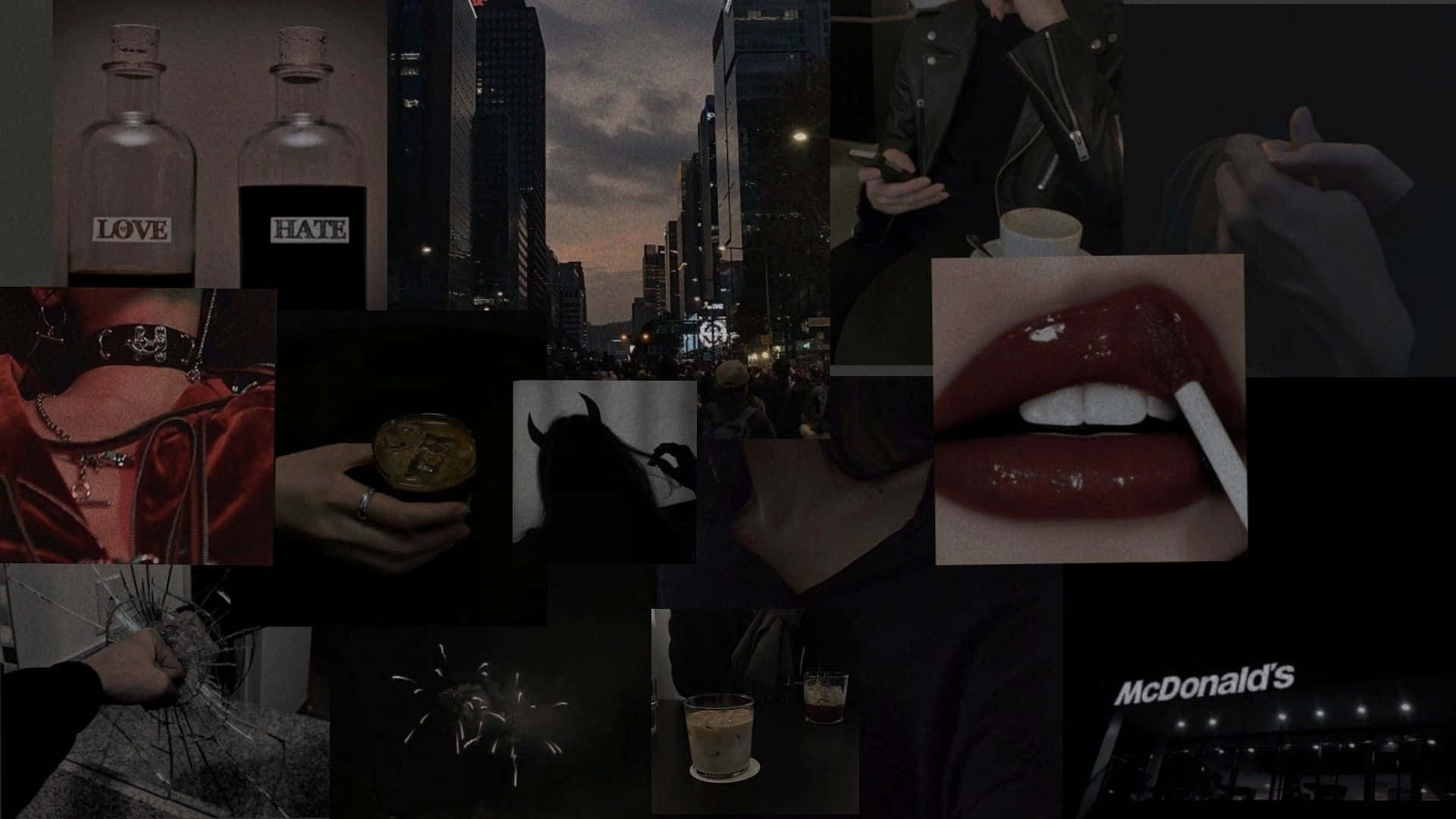 Grunge Aesthetic Mac 桌布 壁紙 — 黑暗陰鬱的城市夜生活場景拼貼，有嘴唇叼著香煙、標籤為愛與恨的瓶子，以及麥當勞標誌。