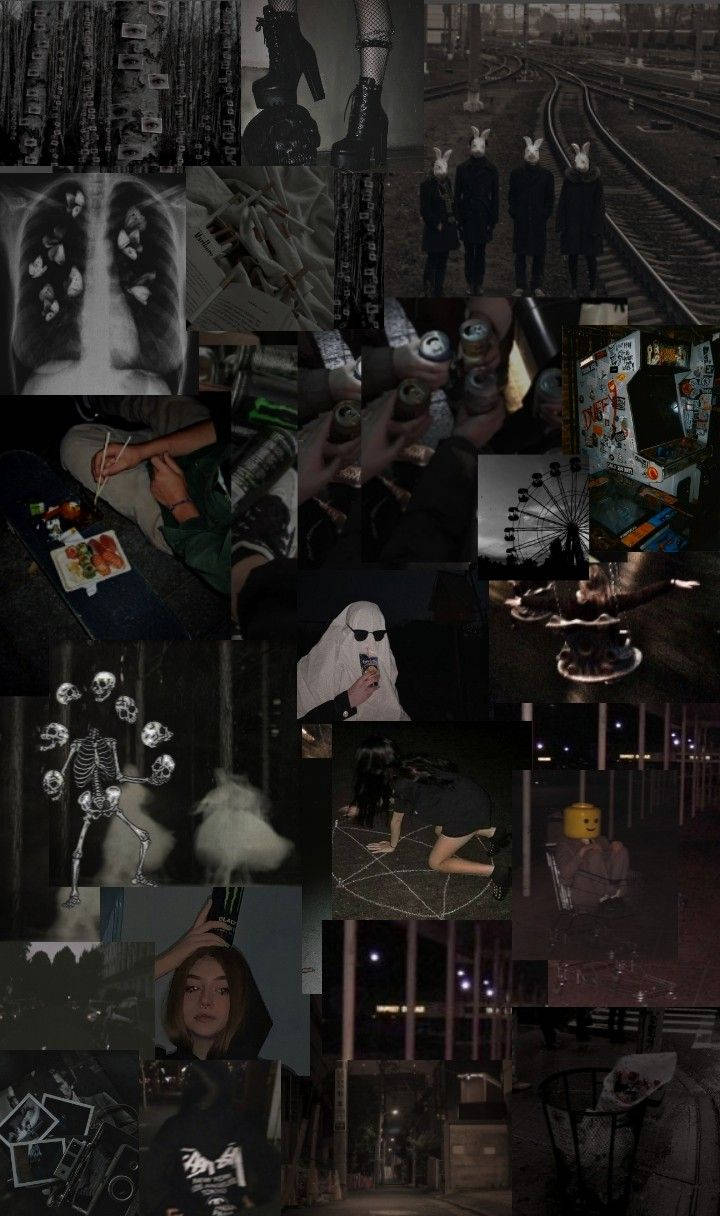 Grunge Emo Aesthetic 桌布 壁紙 — 黑暗陰鬱的城市衰敗與超現實意象拼貼，包括火車軌道、骷髏和戴面具的人物，呈現粗獷的夜間場景。