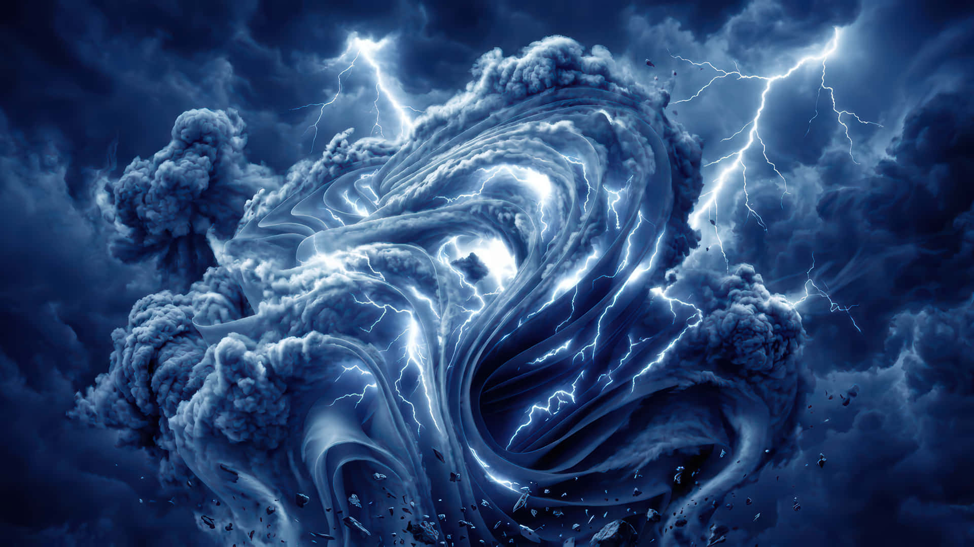 Stromy Clouds Bloom in the sky modded wallpaper for desktop Enhancement 壁紙 — 黑暗雲層的旋轉渦流，伴隨著生動的白色閃電，照亮了暴風雨的天空。