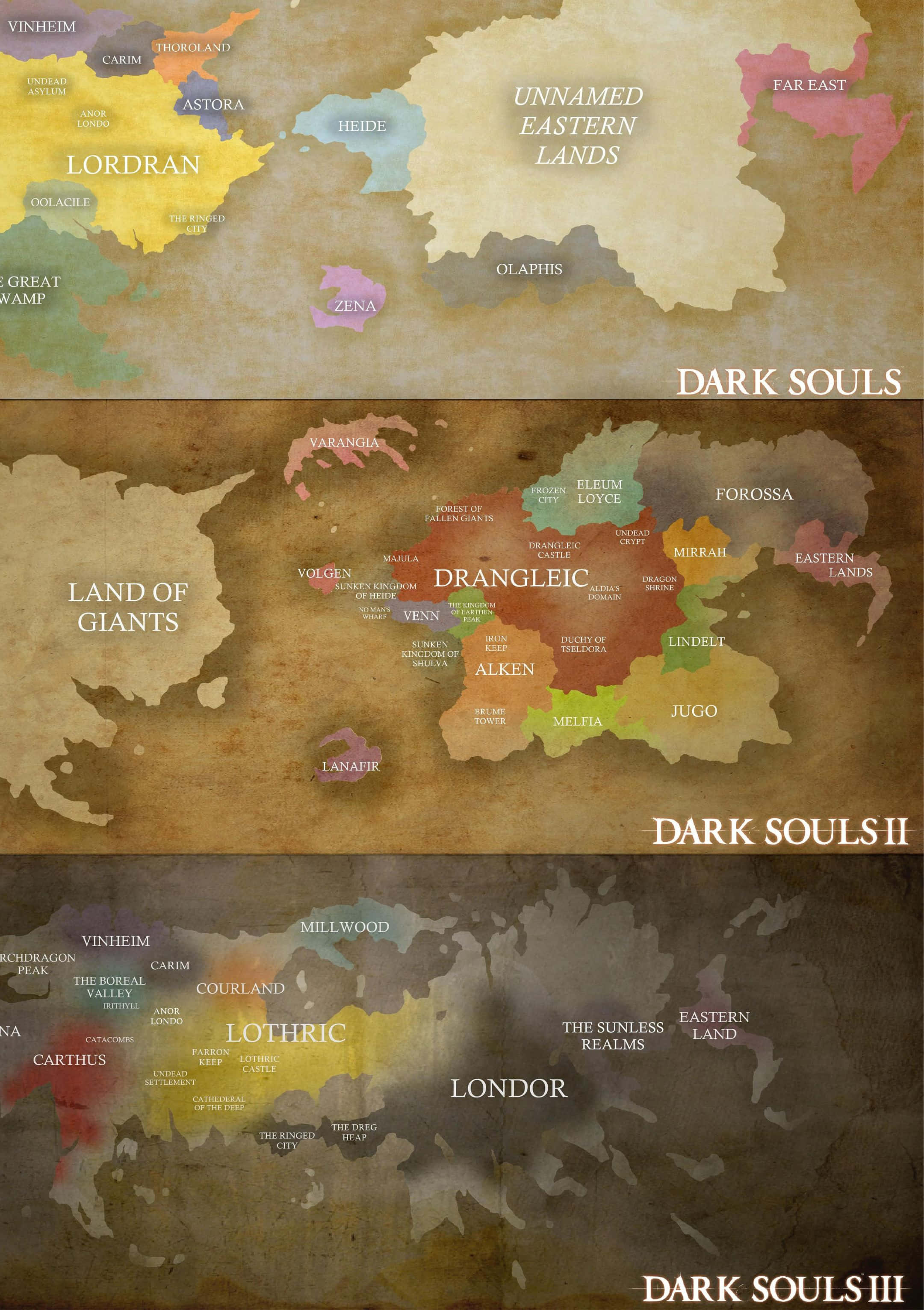 Dark Souls Map 桌布 壁紙 — 黑暗靈魂遊戲的復古羊皮紙風格地圖，以褪色色彩和手繪邊界展示奇幻領域。