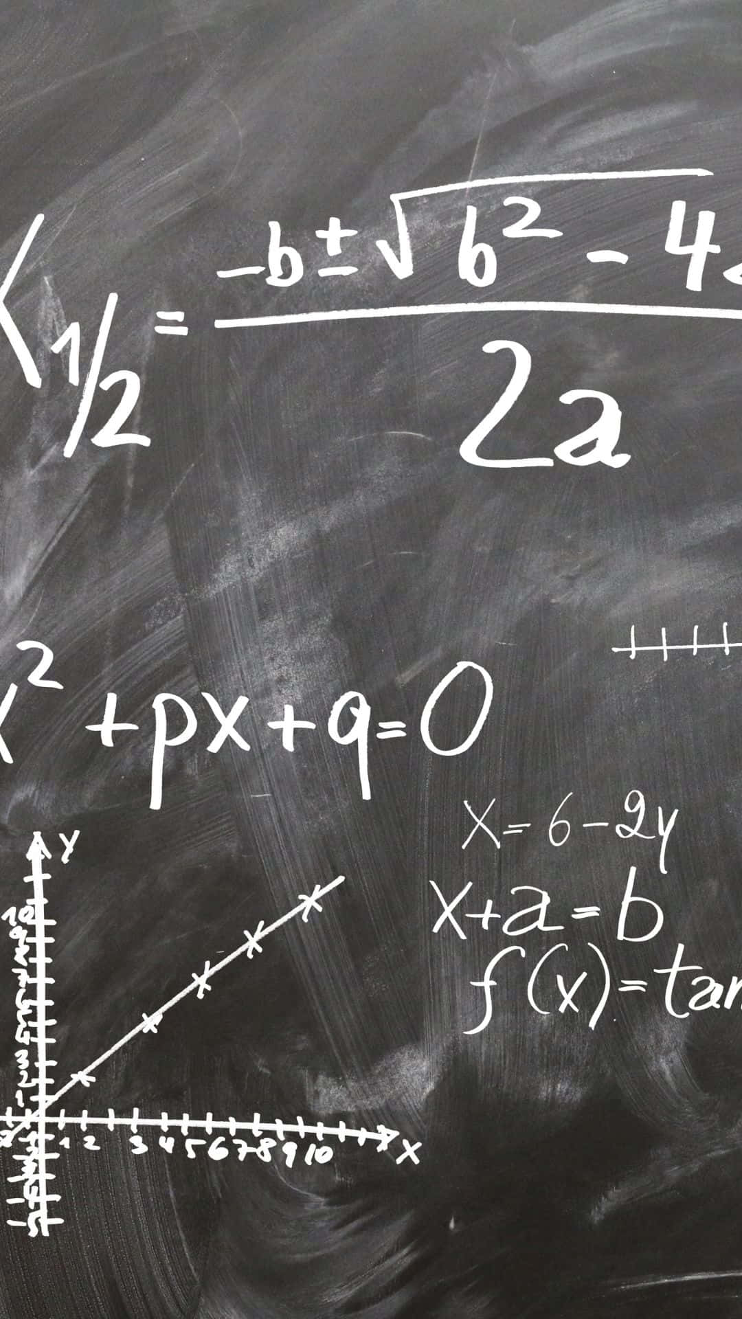 Physics 桌布 壁紙 — 黑板近距離特寫，上面佈滿了手寫的數學方程式和白色粉筆繪製的圖表。