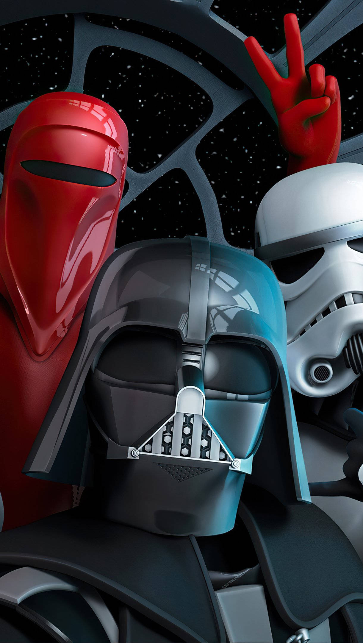 star wars iPhone 6 plus 桌布 壁紙 — 黑武士、風暴兵和紅色頭盔人物在星空背景下擺出和平手勢。