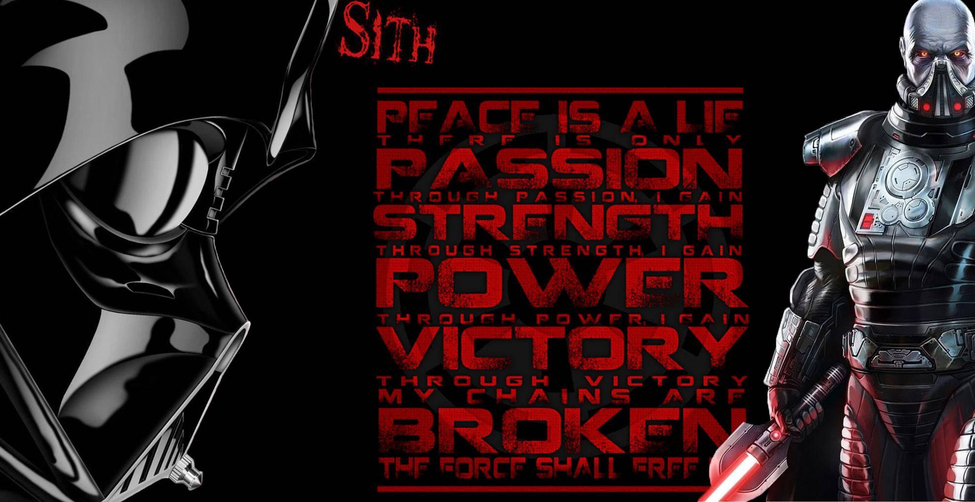 Sith 桌布 壁紙 — 黑武士和一個機械戰士夾著粗體紅色文字，在黑色背景上宣告「和平是謊言」。