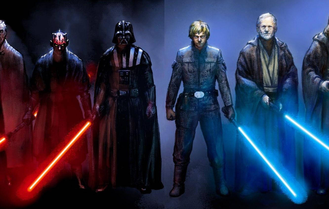Star Wars Characters 桌布 壁紙 — 黑武士和其他星際大戰角色站在黑暗迷霧場景中，手持紅色和藍色光劍。