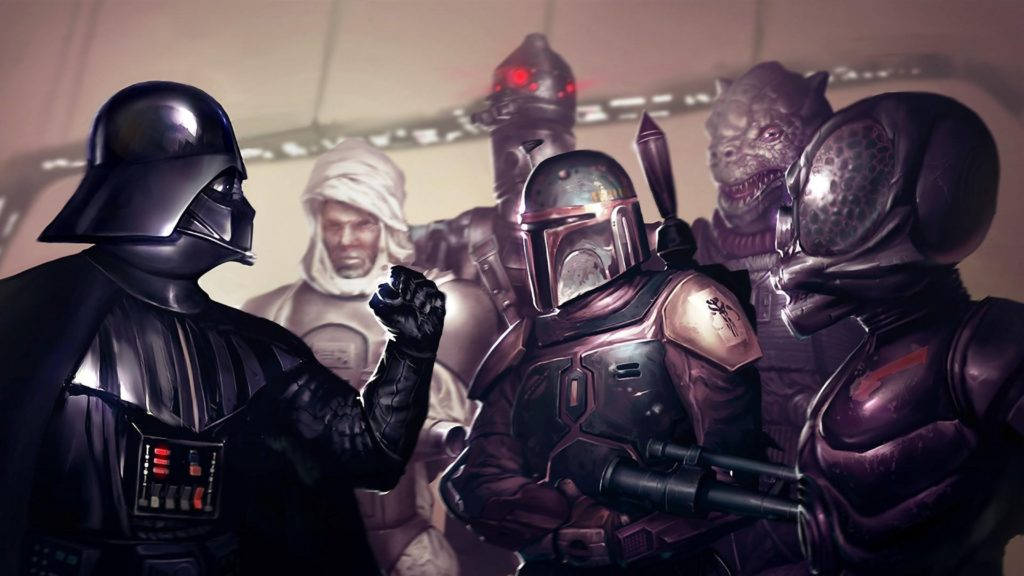 Boba 桌布 壁紙 — 黑武士在光線昏暗的太空船走廊中與一群武裝外星戰士對峙。