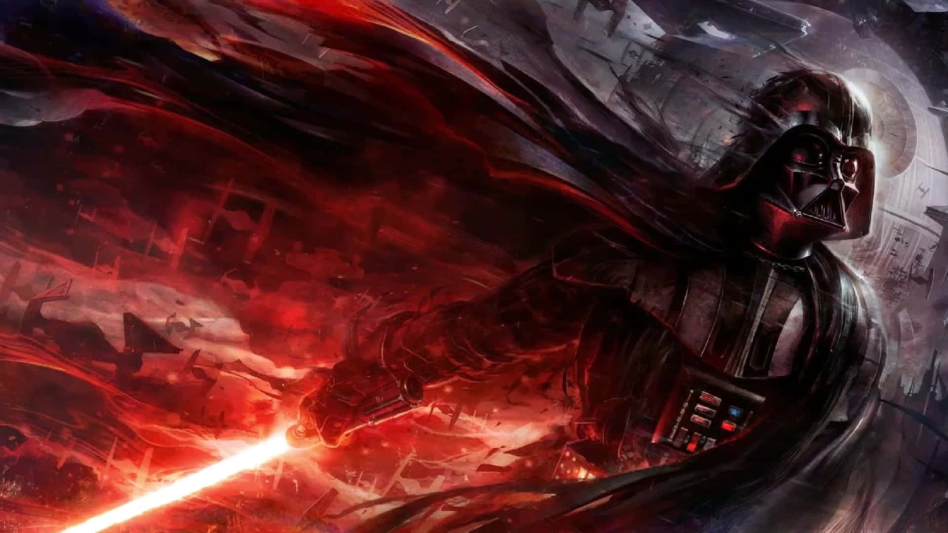 黑武士在烈焰毀滅中手持紅色光劍作戰。 — 達斯維德 壁紙