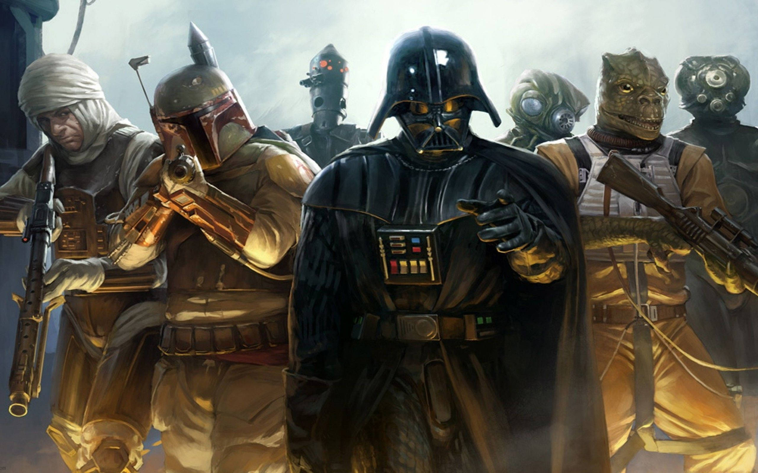 Boba 桌布 壁紙 — 黑武士帶領一群武裝賞金獵人的威脅小隊，身處 gritty 科幻場景。