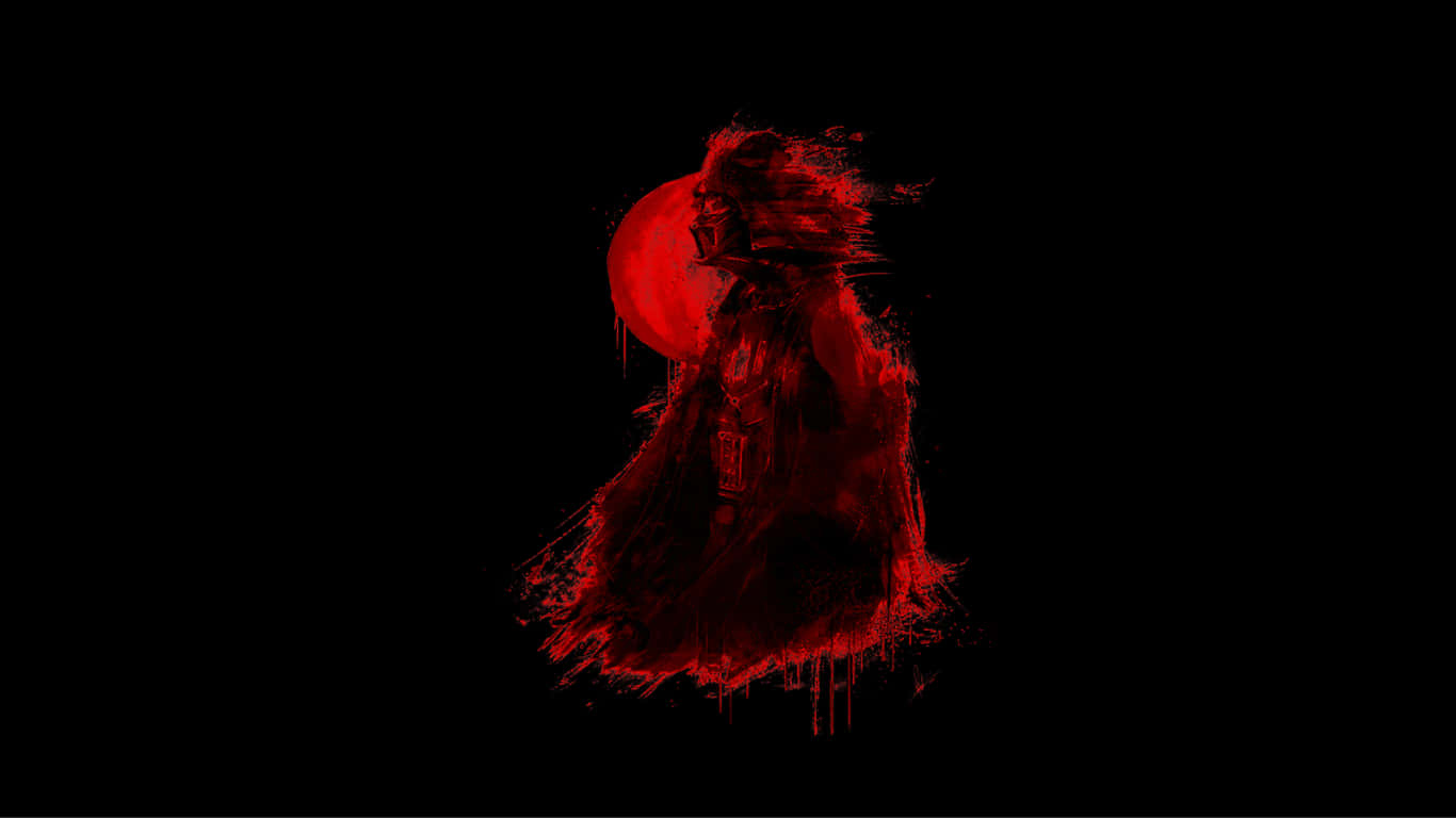 1366x768 Amoled 桌布 壁紙 — 黑武士的紅色剪影，背後有發光的紅色月亮，襯托著黑色虛空。