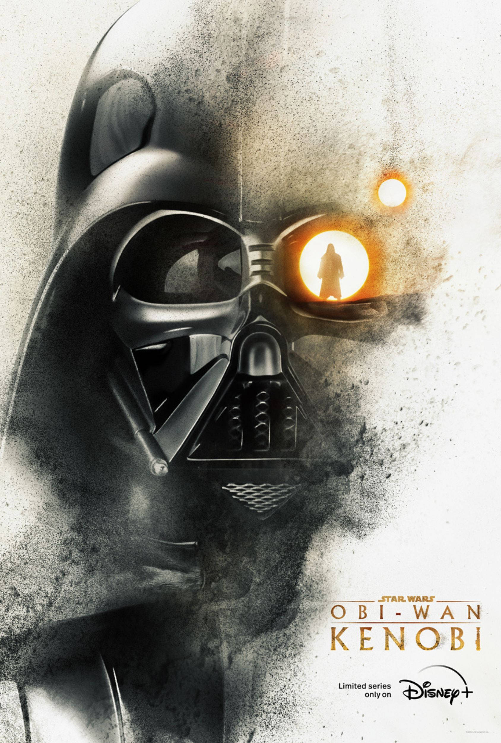 Kenobi 桌布 壁紙 — 黑武士的頭盔佔據畫面，他的右眼發出橙色光芒，映照出歐比王·肯諾比在火球前的剪影。