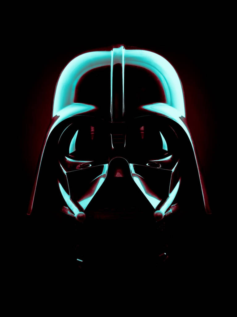 Star Wars iPad 桌布 壁紙 — 黑武士的頭盔在漆黑背景上發出青色和紅色霓虹光。