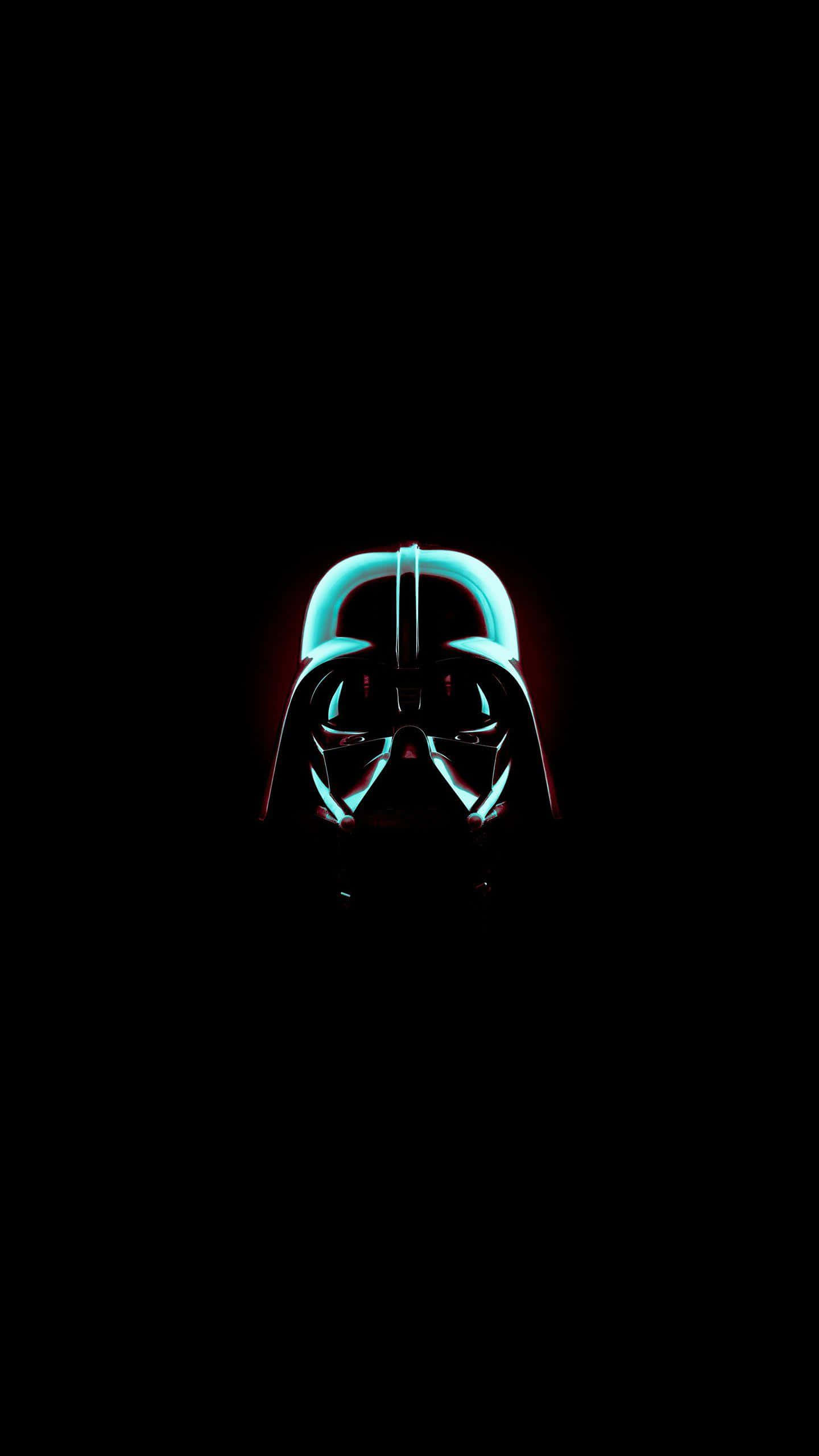 AMOLED 桌布 壁紙 — 黑武士的頭盔在漆黑虛空中發出青色和紅色光芒。