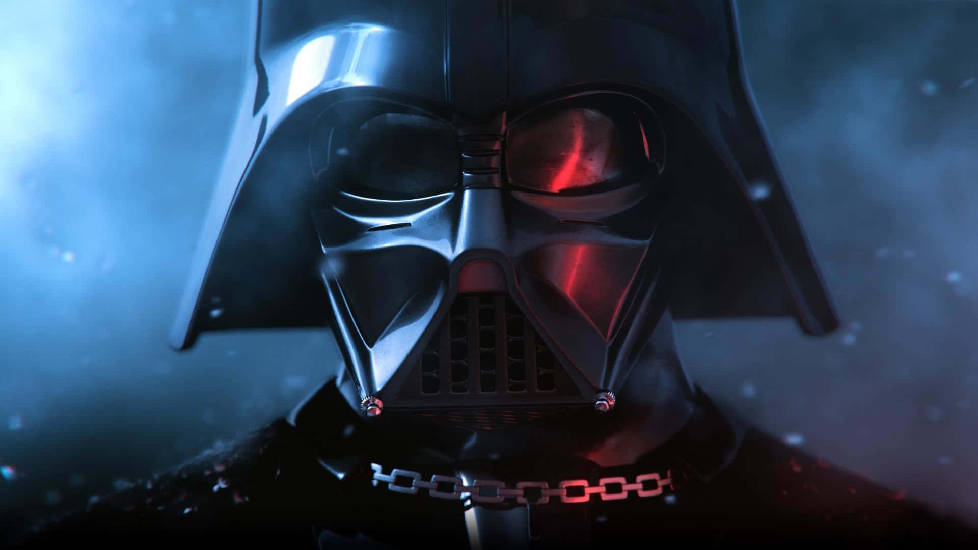 Sith Lord 桌布 壁紙 — 黑武士的頭盔在煙霧瀰漫的藍色背景上閃爍著紅色的眼睛，並有漂浮的粒子。