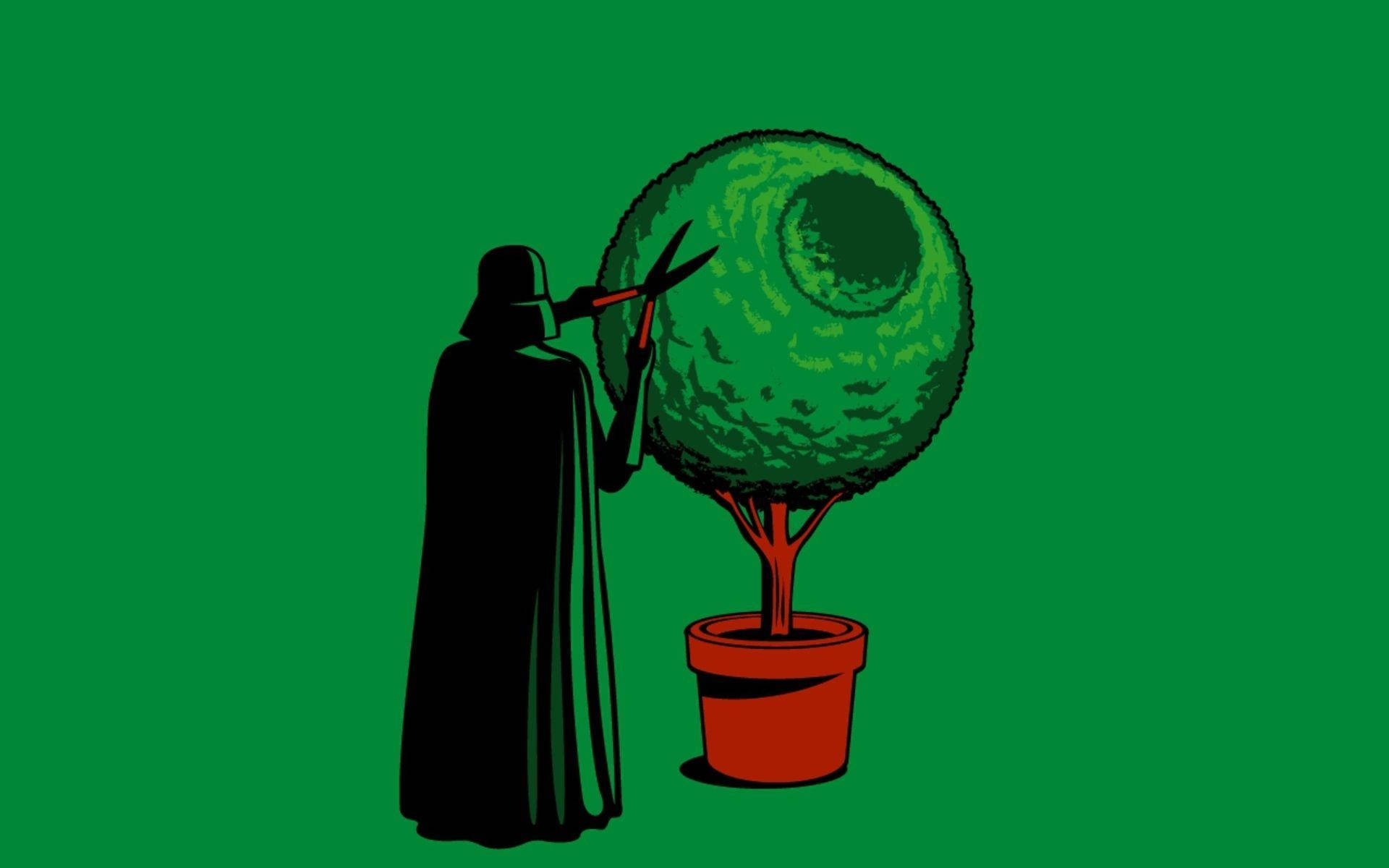 Nerd 桌布 壁紙 — 黑武士的黑色剪影，在純綠色背景前，用紅色剪刀修剪一個球形的綠色修剪樹木。