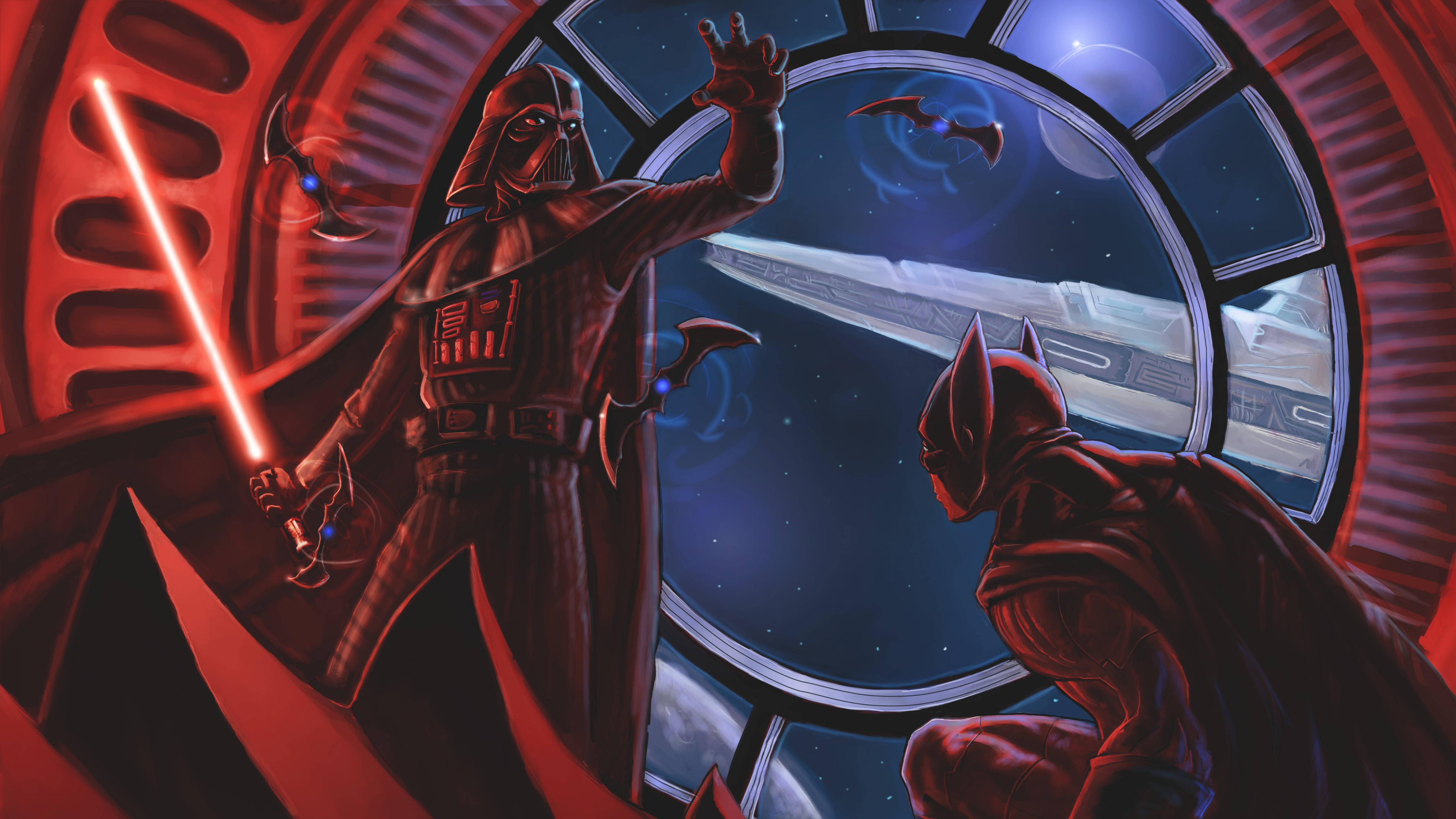 Vader 桌布 壁紙 — 黑武士站在紅色照明的太空船駕駛艙中，手持紅色光劍，面對一個跪著的人物，背景是星空。
