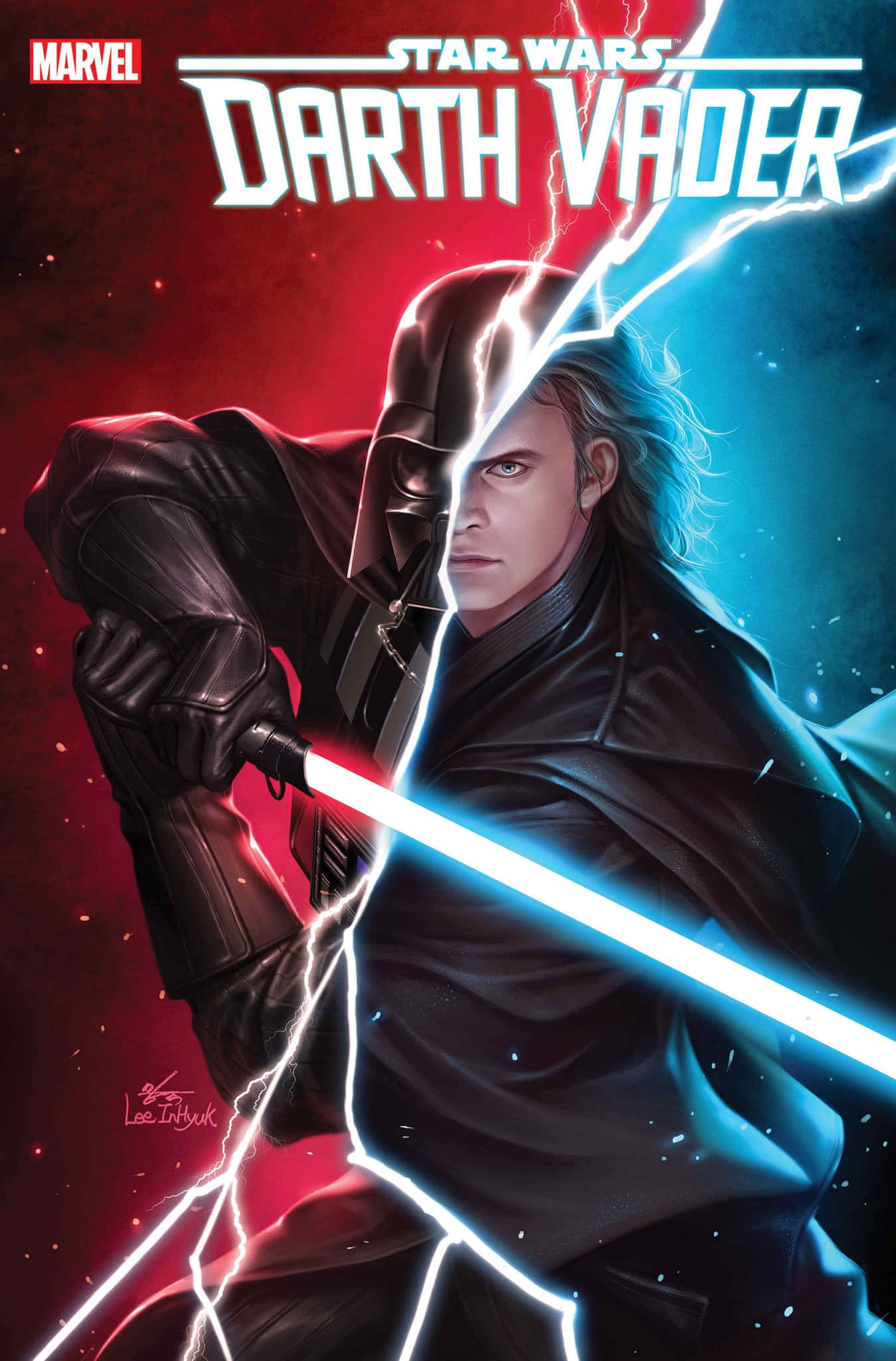 The Chosen One 桌布 壁紙 — 黑武士與一名金髮戰士以光劍交鋒，閃電劃破他們的臉龐，背景是紅藍相間的宇宙。