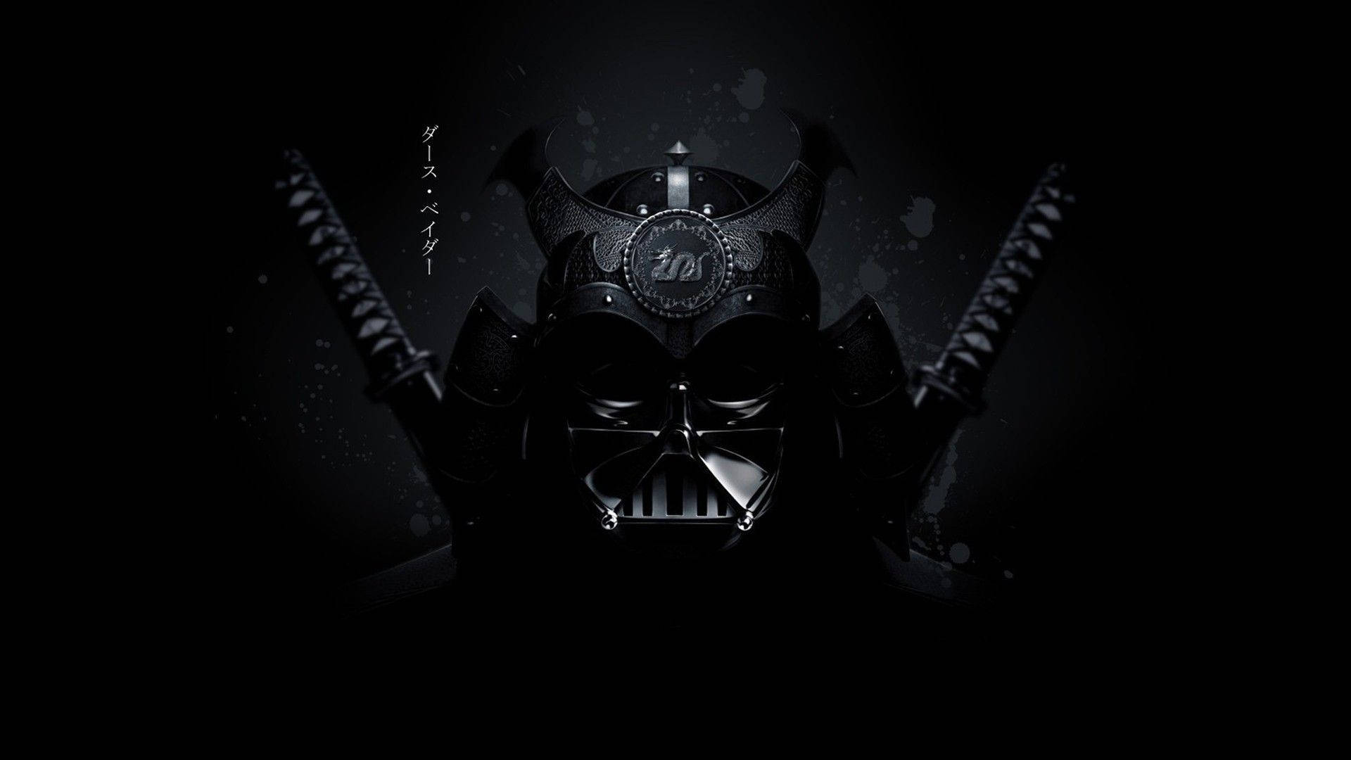 Oni 桌布 壁紙 — 黑武士與武士頭盔的威脅性融合，背後交叉兩把武士刀，置於深色紋理背景上。