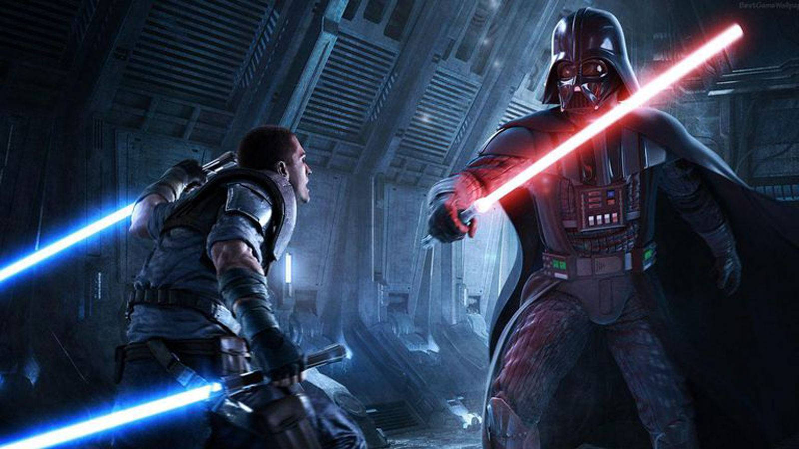 Jedi 桌布 壁紙 — 黑武士與絕地武士在昏暗的金屬走廊中用紅色和藍色光劍決鬥。
