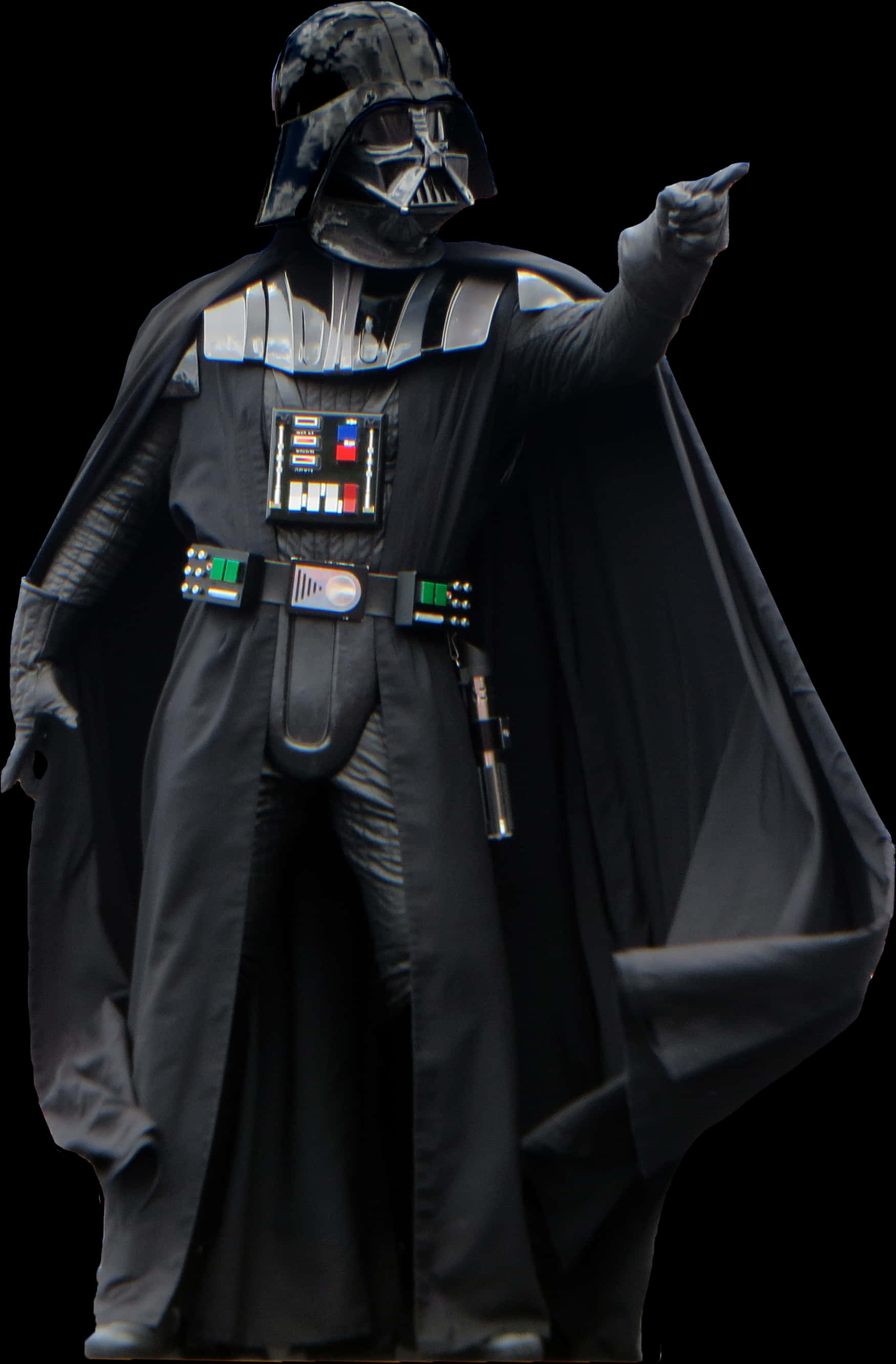 Star Wars Characters 桌布 壁紙 — 黑武士身穿全副黑色盔甲和斗篷，在黑暗背景前指向前方。
