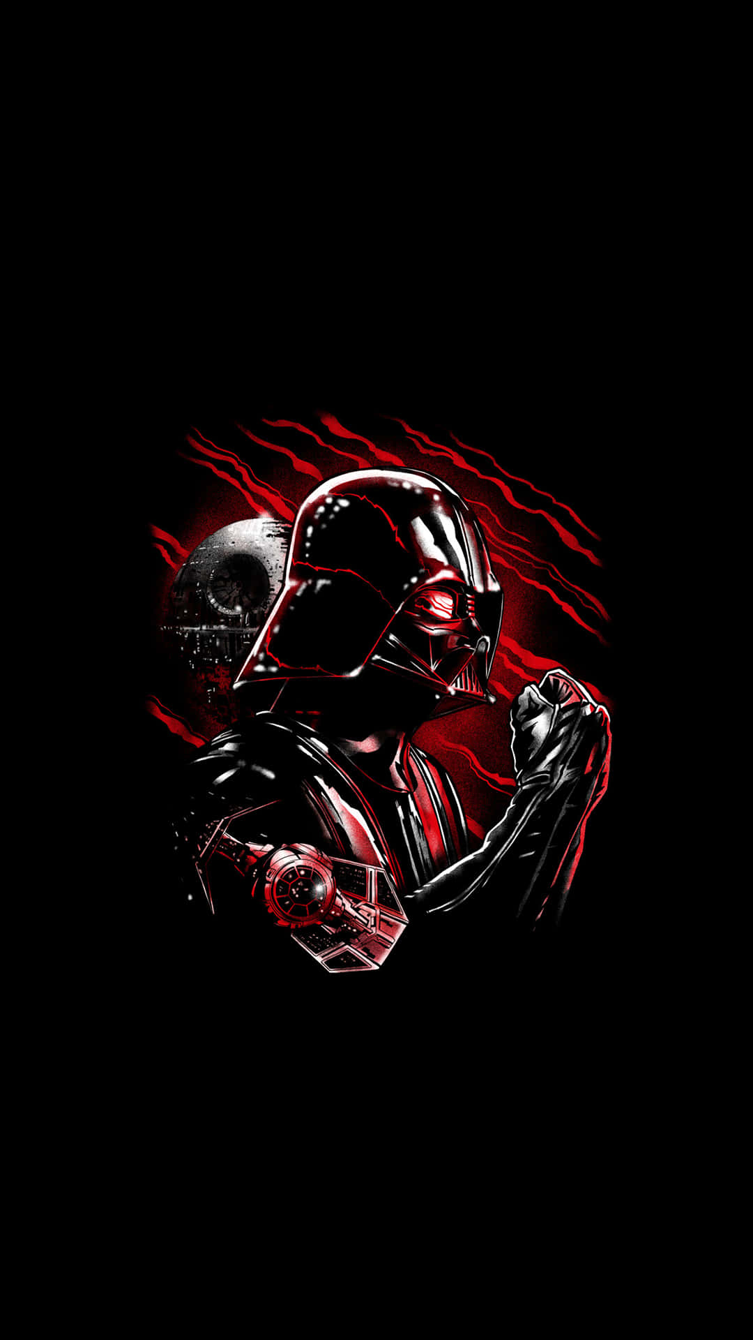 Star Wars Phone 桌布 壁紙 — 黑武士身穿黑色盔甲，在黑暗背景中閃爍著紅色眼睛，身後有紅色能量條紋。