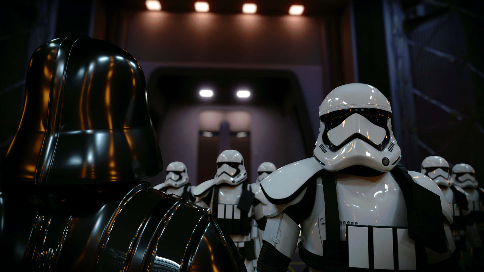 The First Order 桌布 壁紙 — 黑武士達斯維達在一條燈光昏暗的太空船走廊中，威風凜凜地站在一隊風暴兵旁邊。