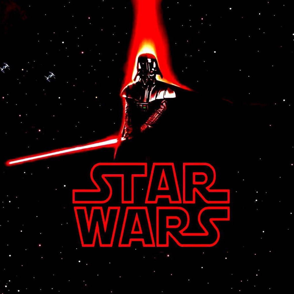 Star Wars iPad 桌布 壁紙 — 黑武士達斯維達在星空背景下呈現剪影，手持紅色光劍，下方有星際大戰標誌發光。