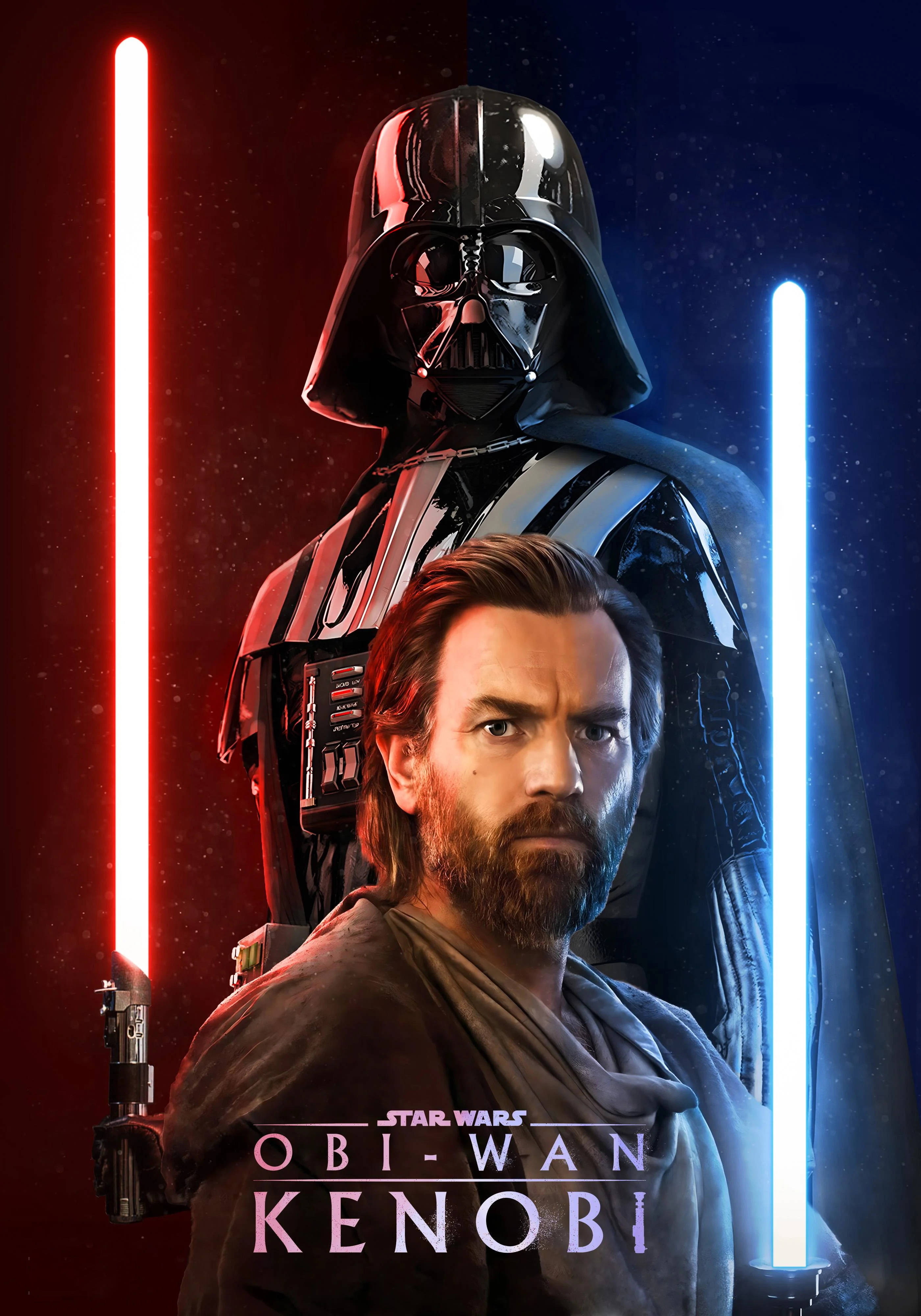 Kenobi 桌布 壁紙 — 黑武士達斯維達在歐比王肯諾比身後若隱若現，他們手持紅色和藍色光劍，在星光燦爛的宇宙背景下對峙。