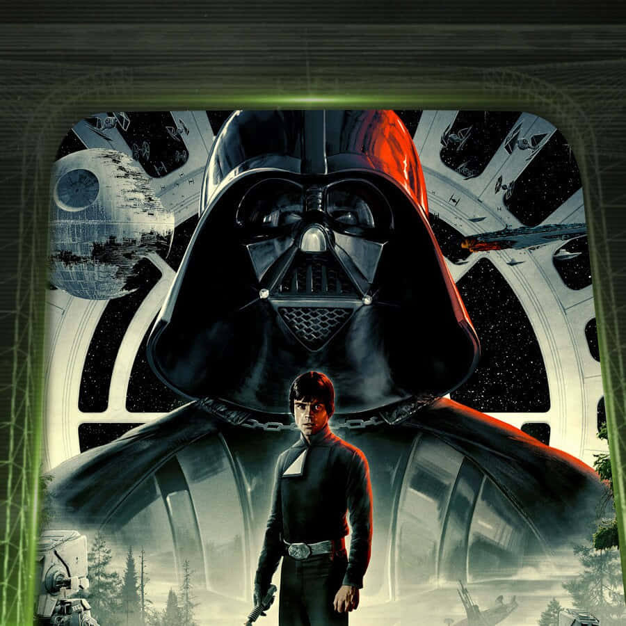 Return Of The Jedi 桌布 壁紙 — 黑武士達斯維達在路克天行者身後巨大地聳立，背景是充滿星空的太空站，還有死星和X翼戰機。