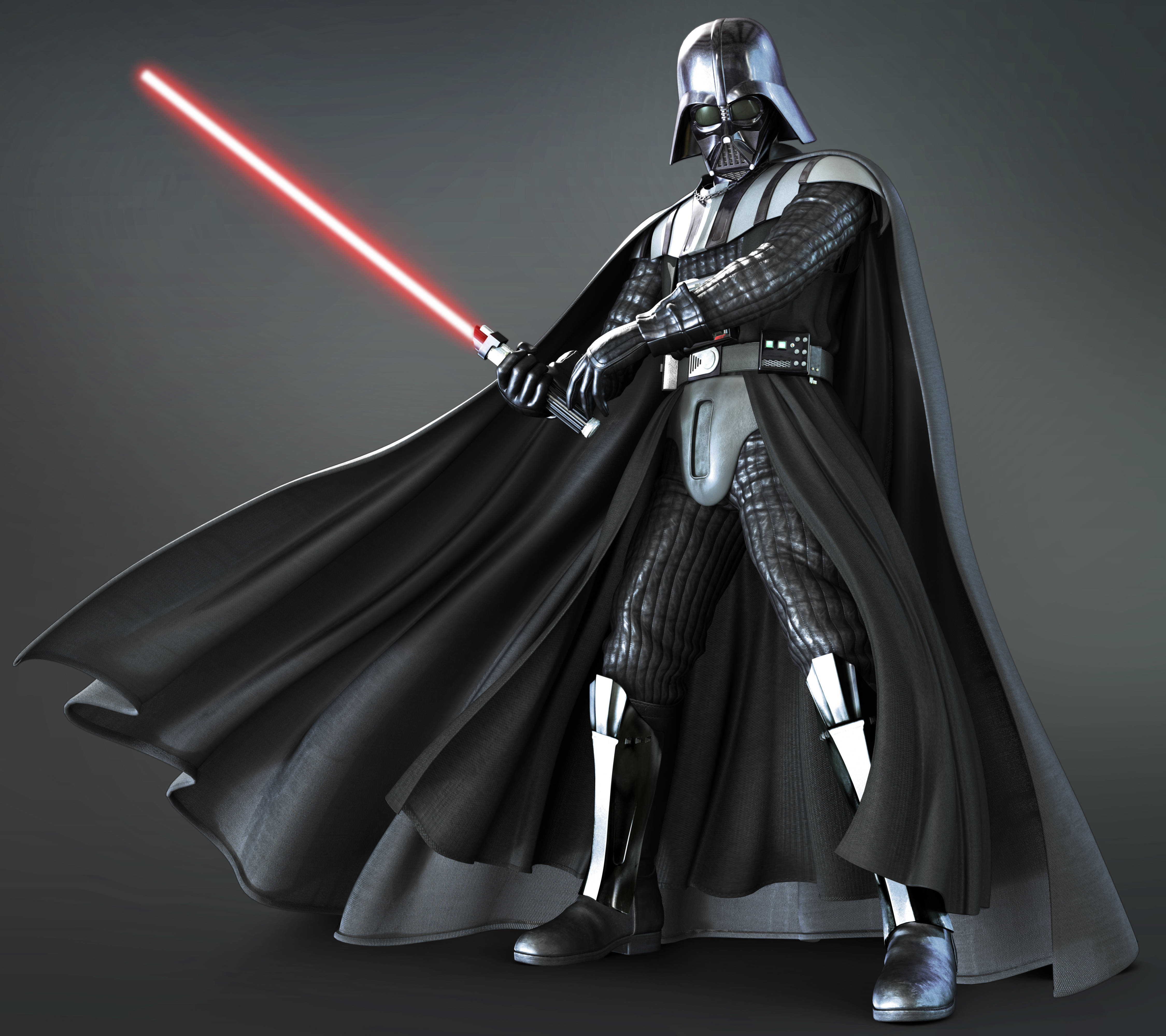 Vader 桌布 壁紙 — 黑武士達斯維達在黑暗的攝影棚中威嚴地站立，手持發光的紅色光劍，斗篷戲劇性地飄動。